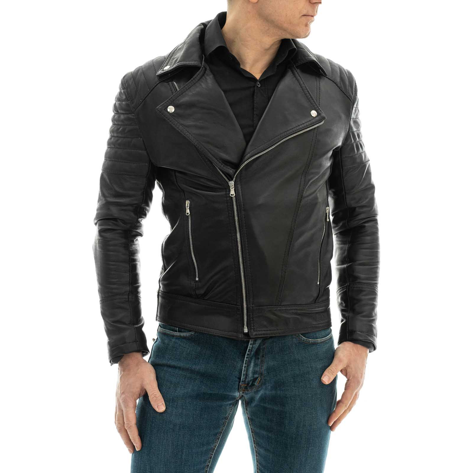 Chiodo Biker In Vera Pelle Marrone Uomo Slim Linee Spalle Braccia Rindway