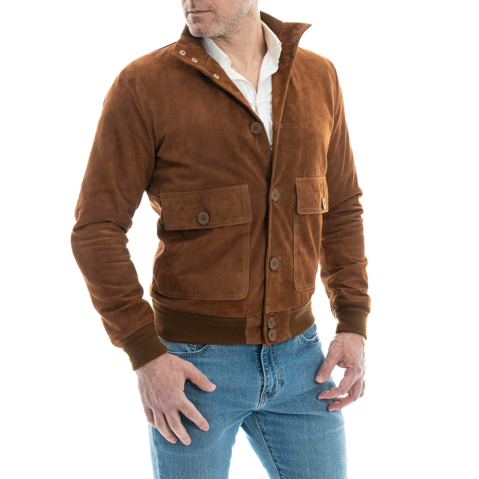 Rindway Slim Men's Genuine Suede Leather Bomber Jacket with Big Pockets