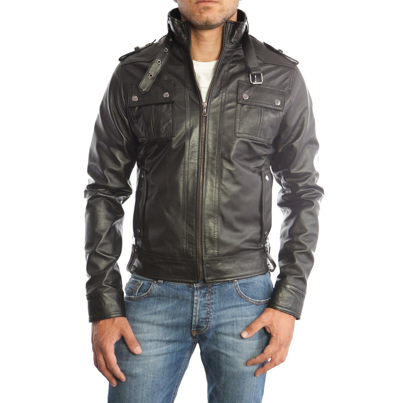 Slim Men's Black Genuine Leather Biker Jacket with Four Button Pockets Rindway Outlet