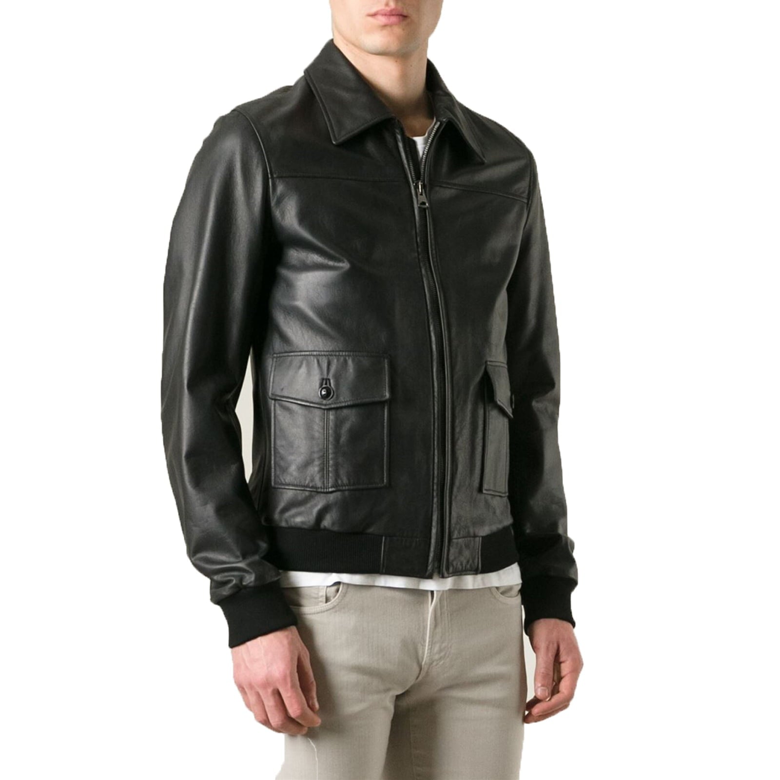 Bomber Jacket In Genuine Blue Leather Men Black Slim Collar Shirt With Big Pockets Rindway