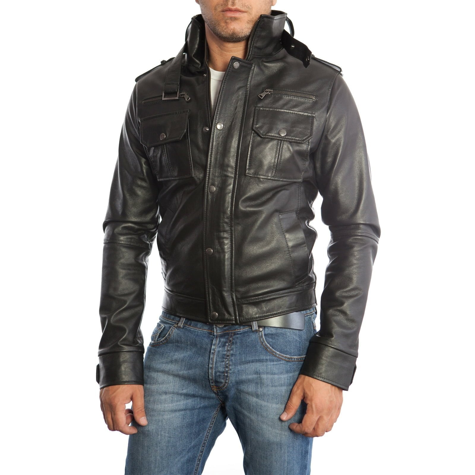 Rindway Slim Men's Blue Genuine Leather Biker Jacket with Six Front Pockets