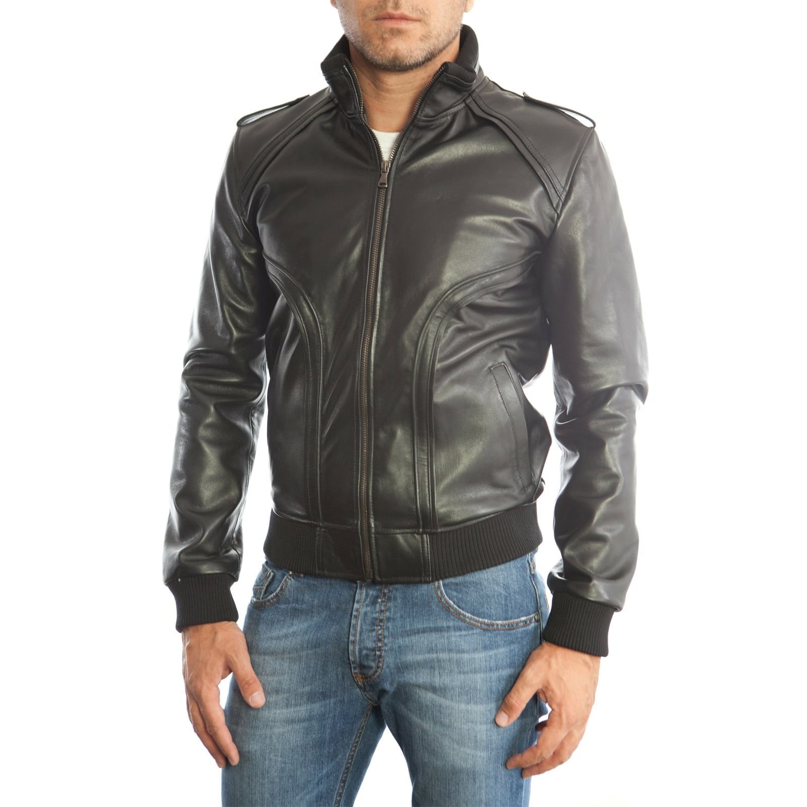 Men's Black Genuine Leather Bomber Jacket With Rindway Front Details