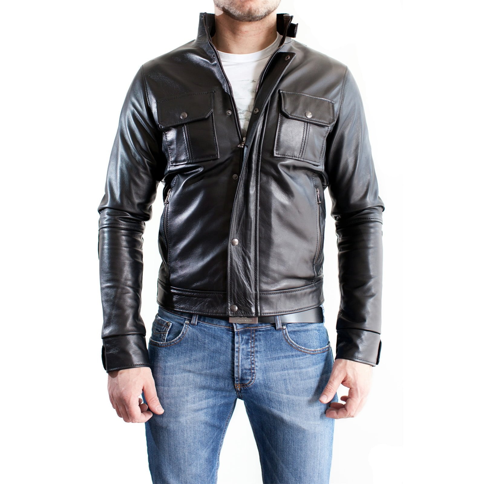 Men's Black Genuine Leather Biker Jacket Slim Collar With Rindway Tab