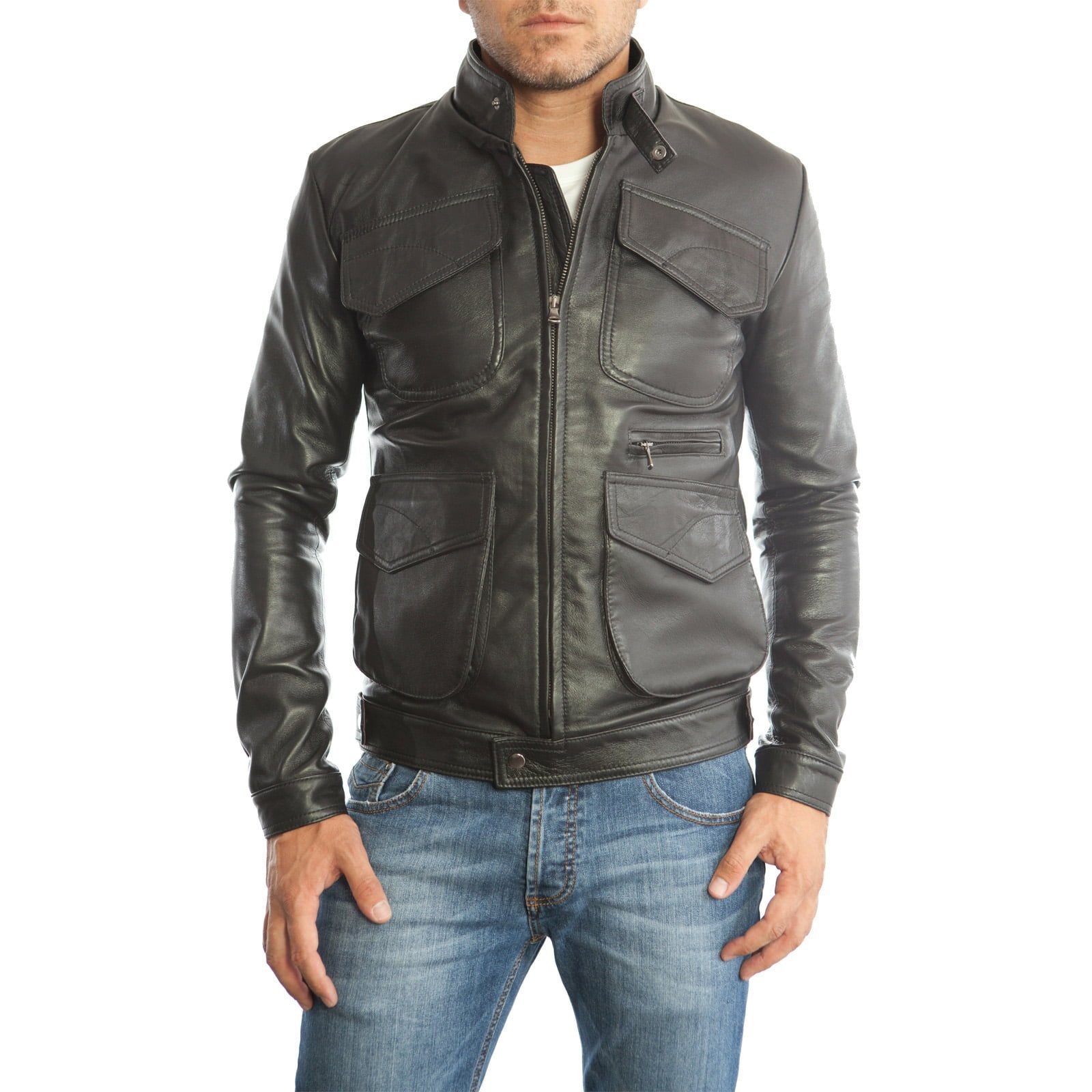 Rindway Slim Men's Black Genuine Leather Biker Jacket with Five Front Pockets