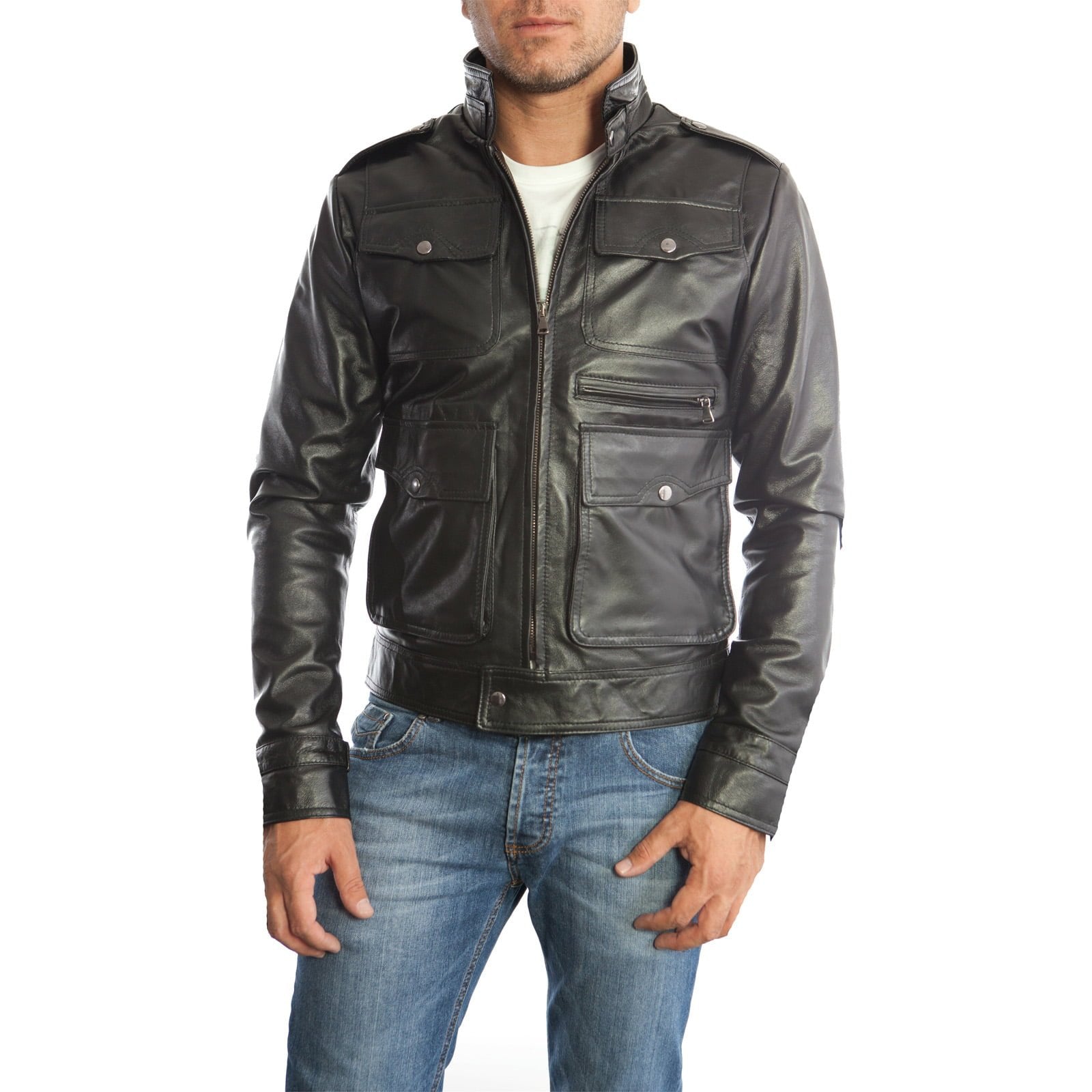 Giacca Biker In Vera Pelle Nera Uomo Slim Con Tasconi Rindway