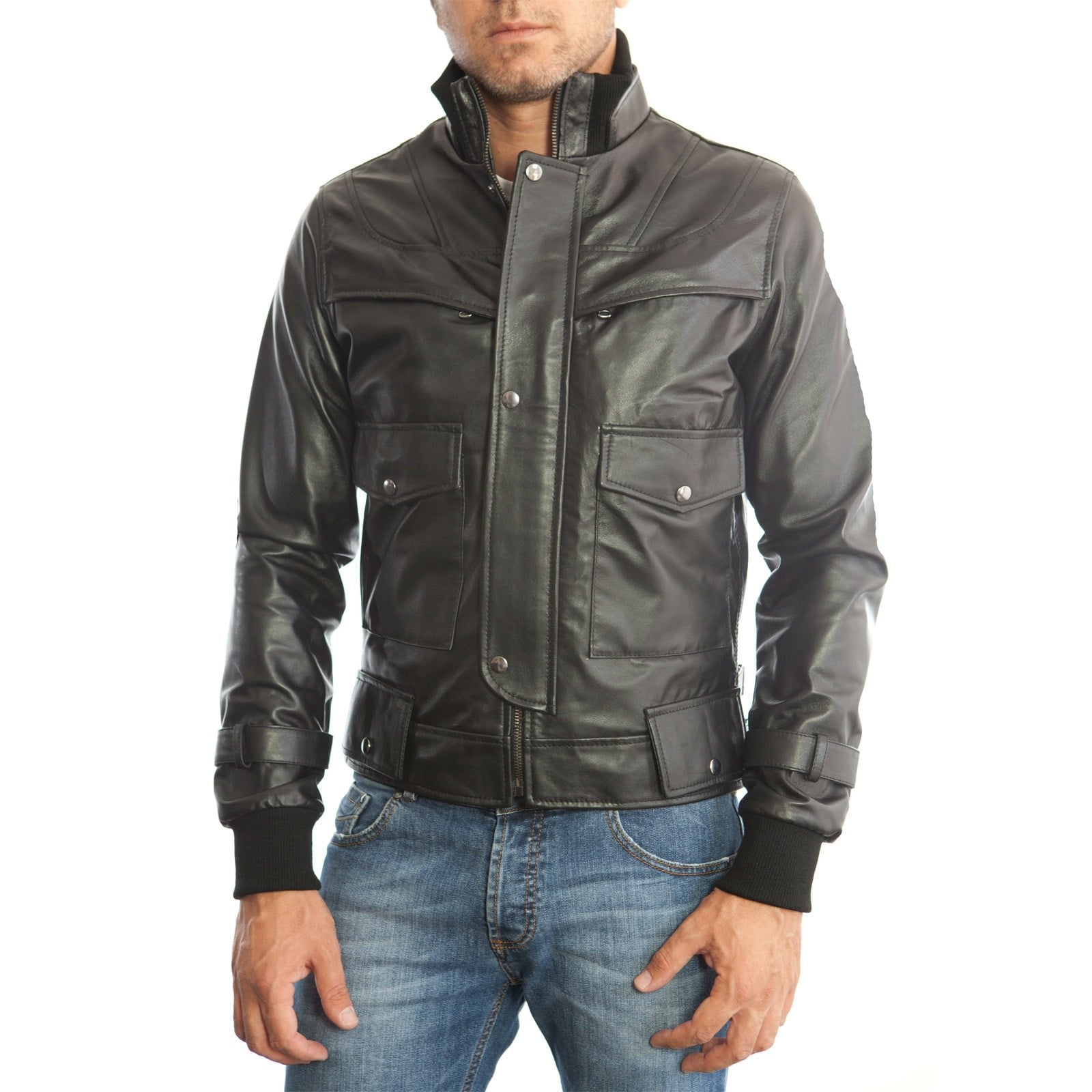 Rindway Slim Men's Black Genuine Leather Biker Jacket with Two Covered Front Pockets