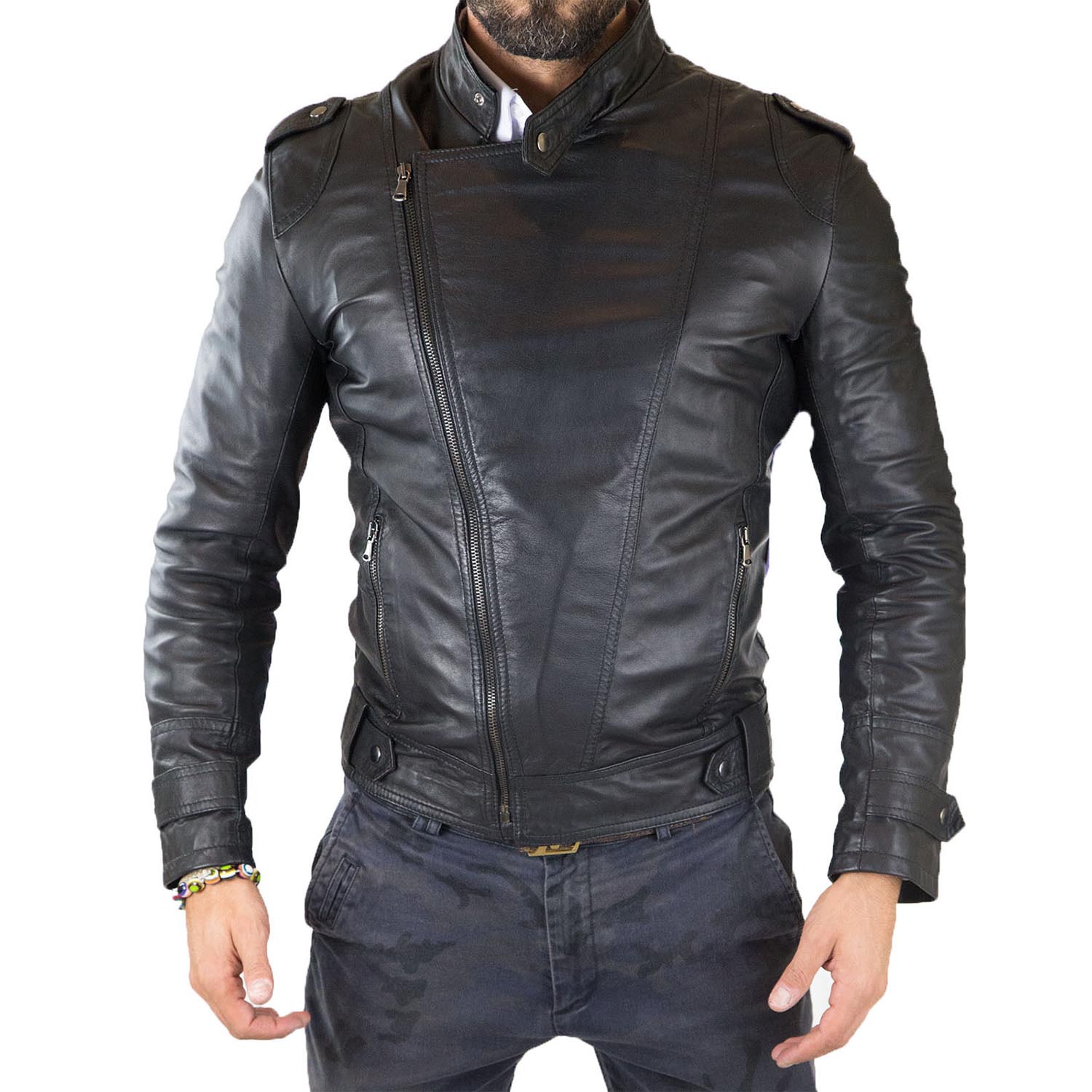 Chiodo Biker In Vera Pelle Blu Uomo Slim Collo Coreana Con Bottone Rindway