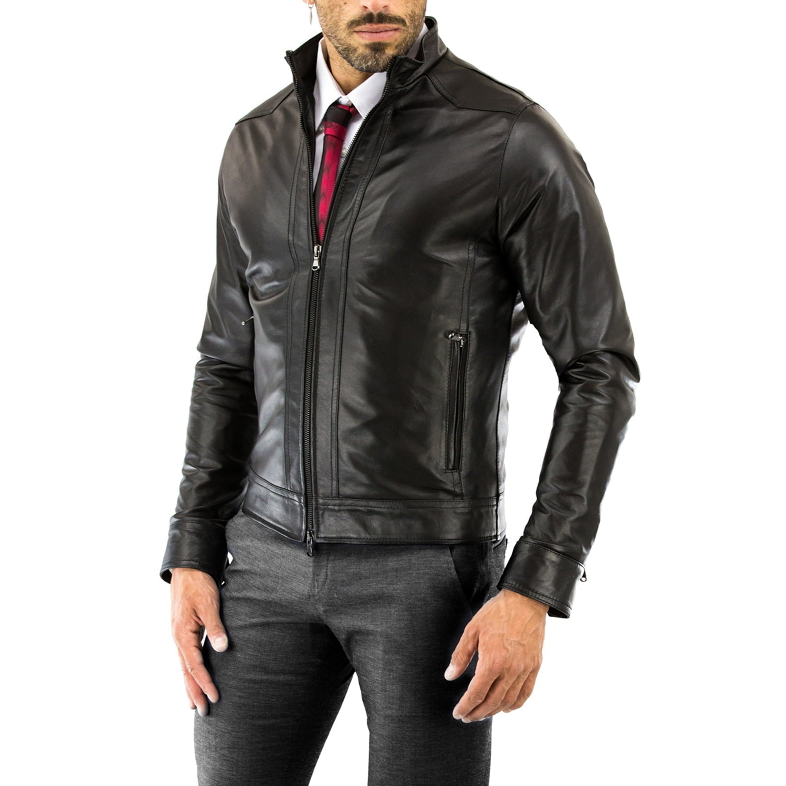 Rindway Men's Slim Brown Genuine Leather Biker Jacket with Front Bands