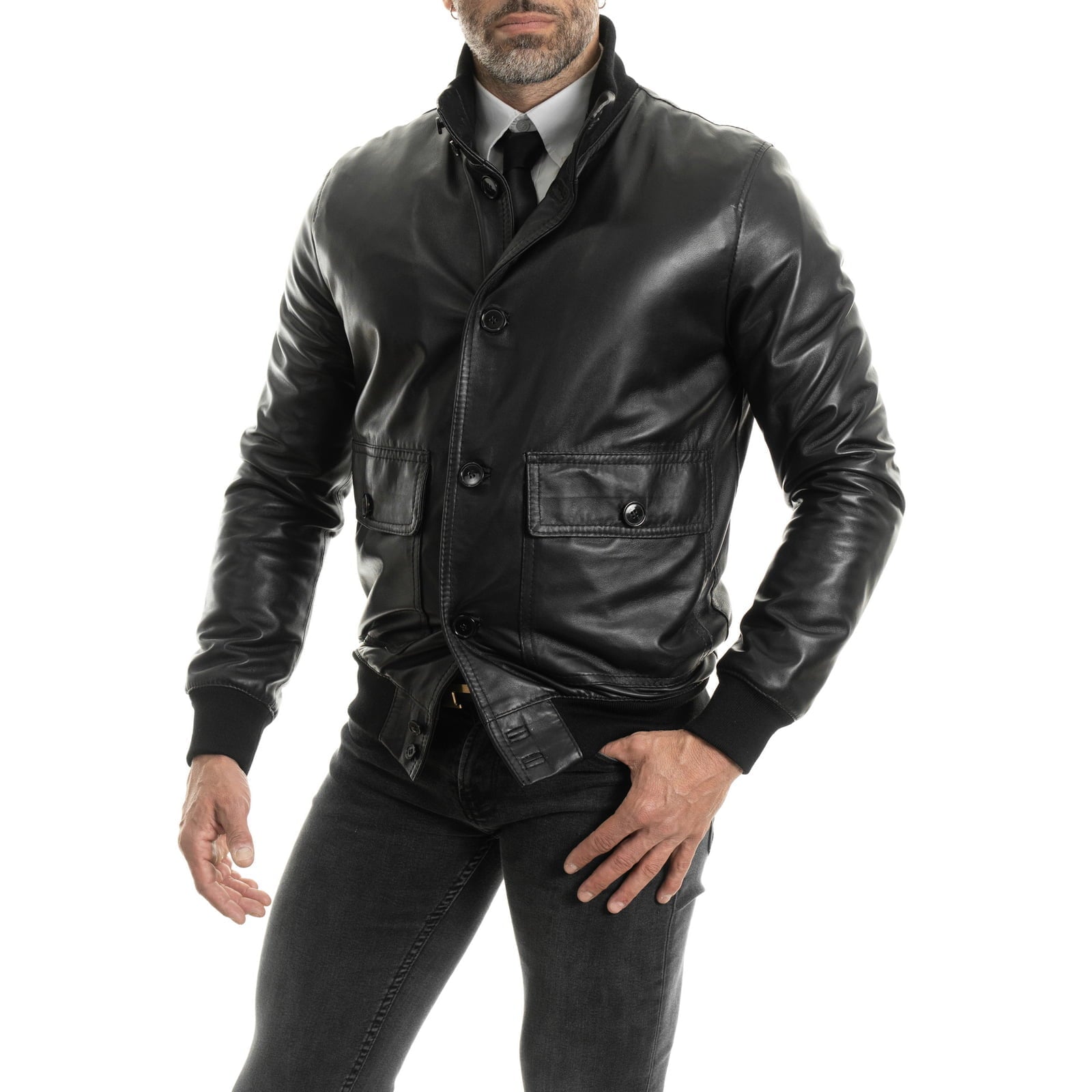 Slim Men's Black Genuine Leather Bomber Jacket With Big Rindway Pockets