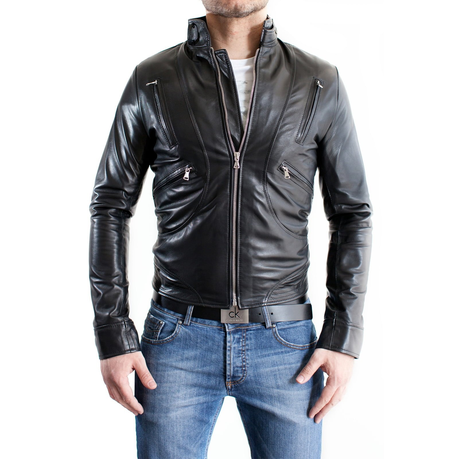 Men's Genuine Leather Jacket Slim Button Neck Accessories Silver Rindway