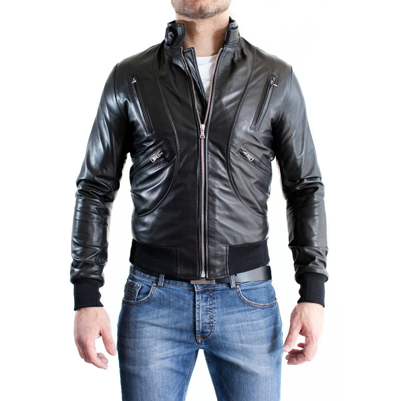 Bomber Jacket Real Black Leather Men With Button Collar Silver Details Rindway