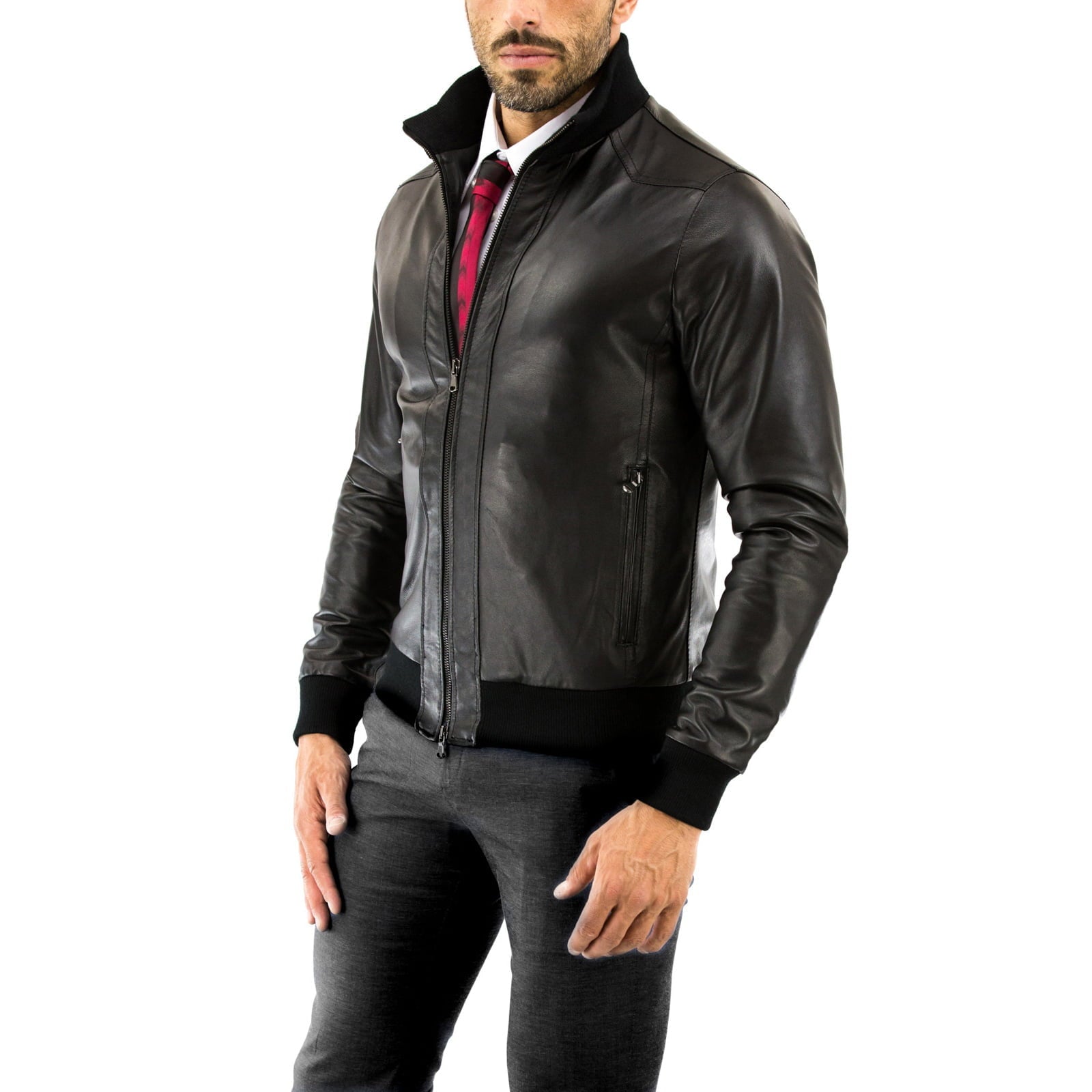 Men's Black Genuine Leather Bomber Jacket with Rindway Front Beams