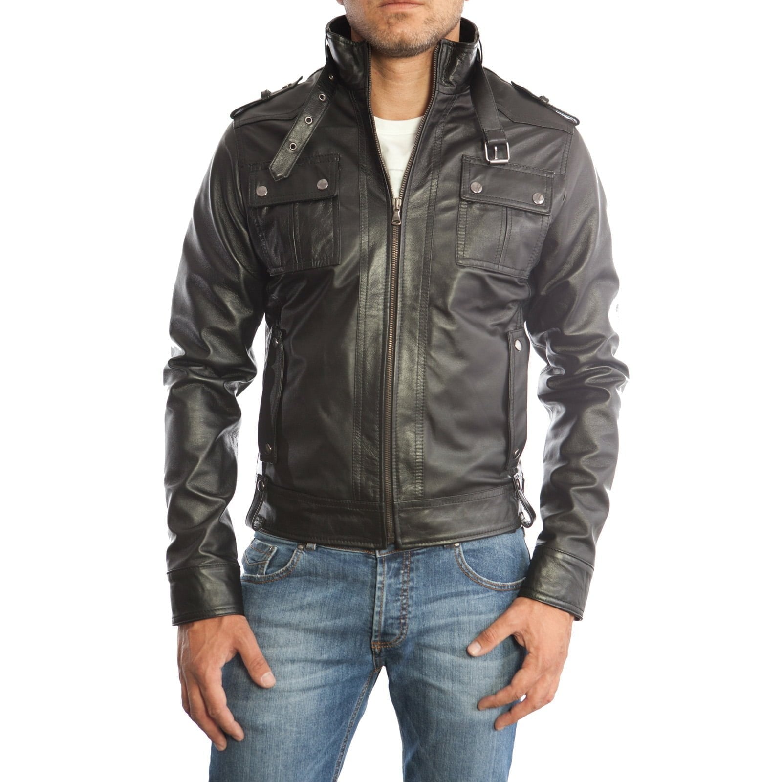 Rindway Men's Blue Genuine Leather Biker Jacket Slim Four Pockets Buttons