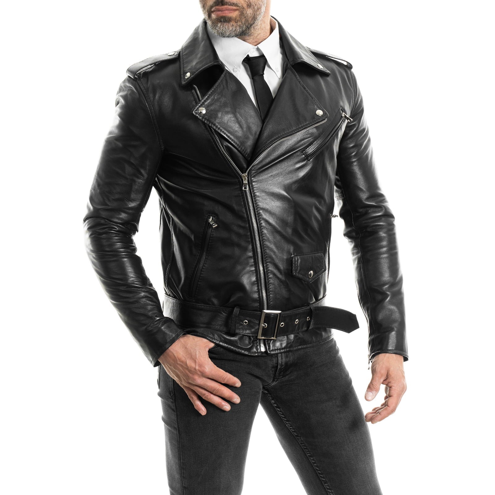 Men's Slim Fit Black Genuine Leather Biker Jacket Front Pocket Rindway