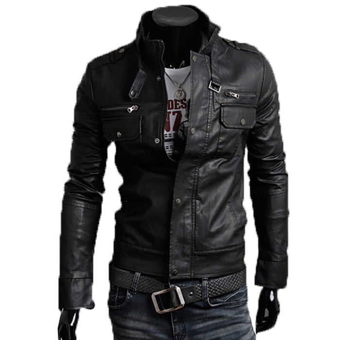 Slim Men's Black Genuine Leather Biker Jacket with Rindway Zip and Flap Closure