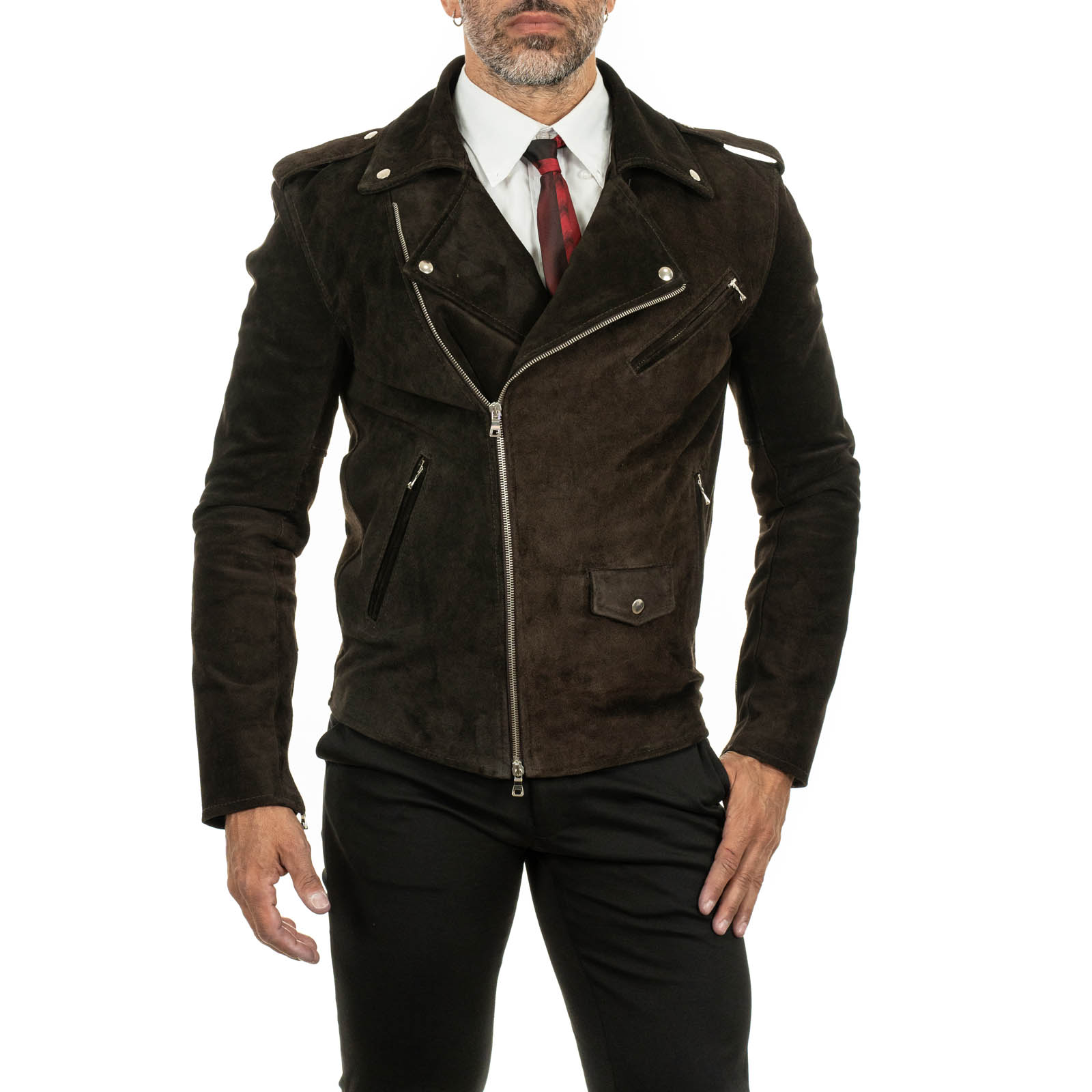 Slim Men's Biker Jacket in Genuine Brown Suede Leather with Rindway Belt