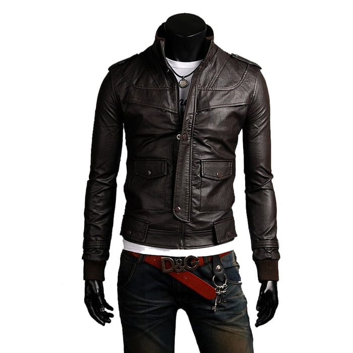 Rindway Slim Men's Black Genuine Leather Biker Jacket Covered Front Pockets