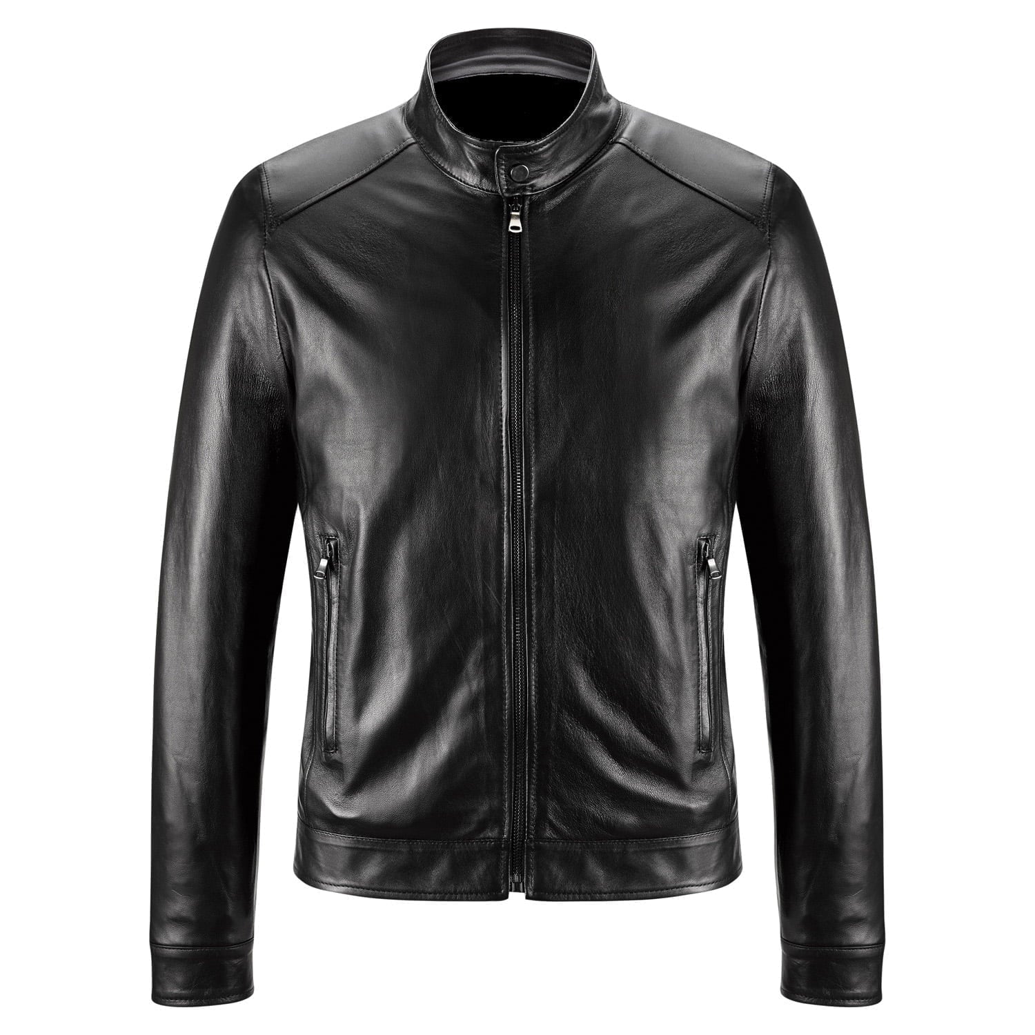 Giacca Biker In Vera Pelle Marrone Uomo Slim Bottone Collo e Polsi Rindway