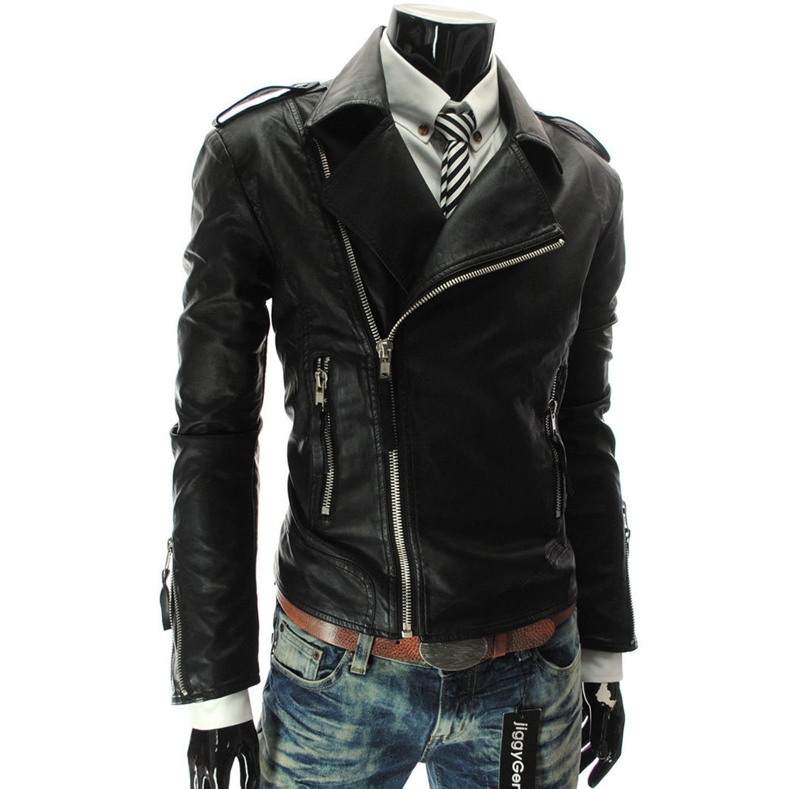 Slim Men's Black Genuine Leather Biker Nail With Stitched Elbow Patches Rindway Outlet