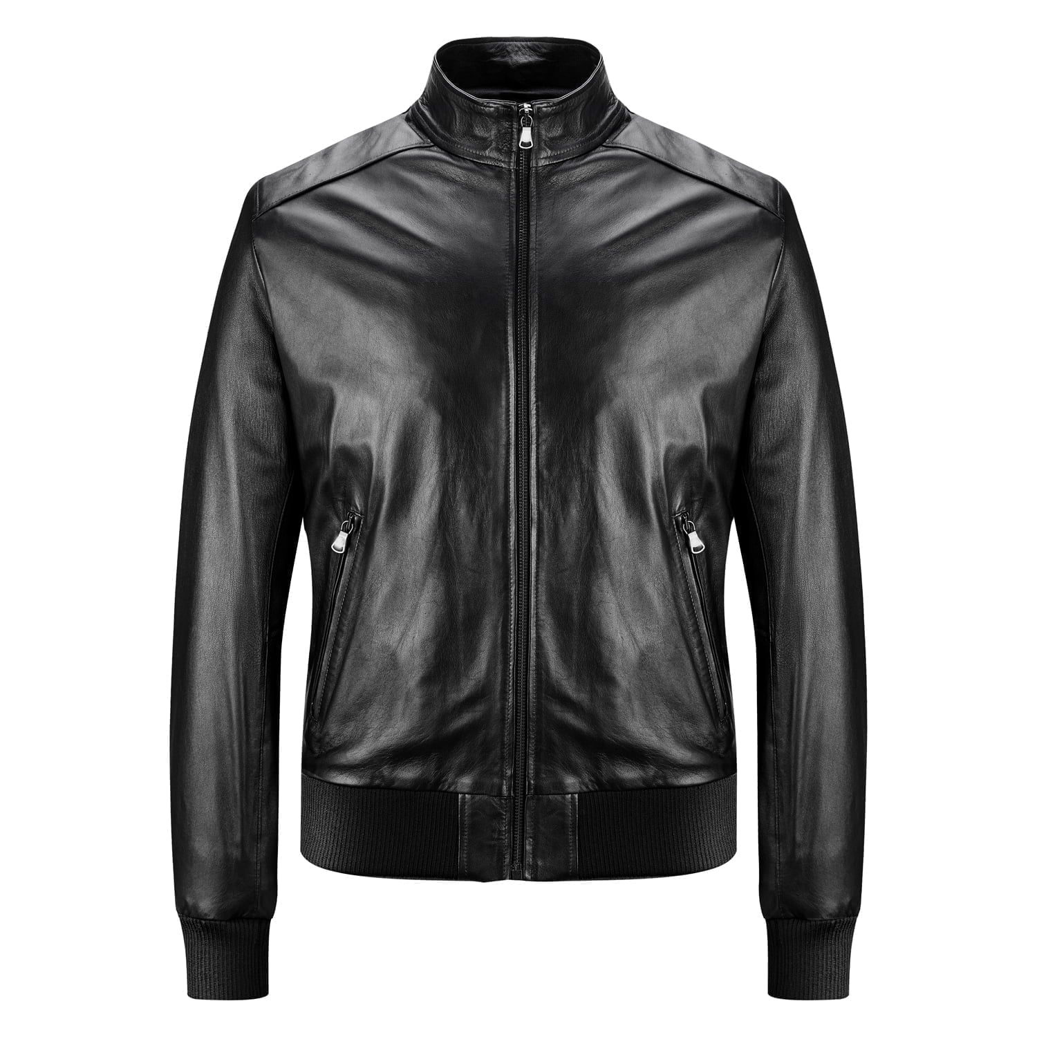 Bomber Jacket In Genuine Leather Black Men Zip Up To The Neck Rindway Outlet