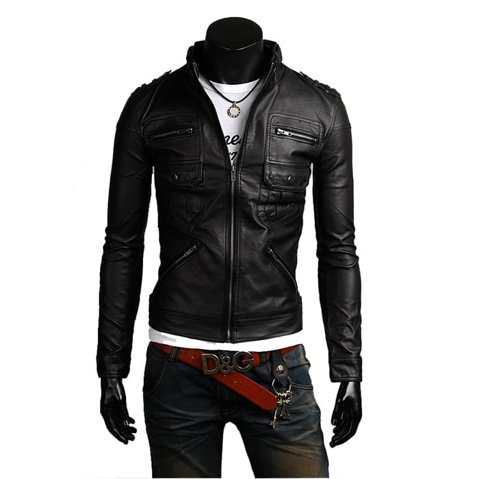 Rindway Men's Black Genuine Leather Biker Jacket Slim Multipockets Back Lines