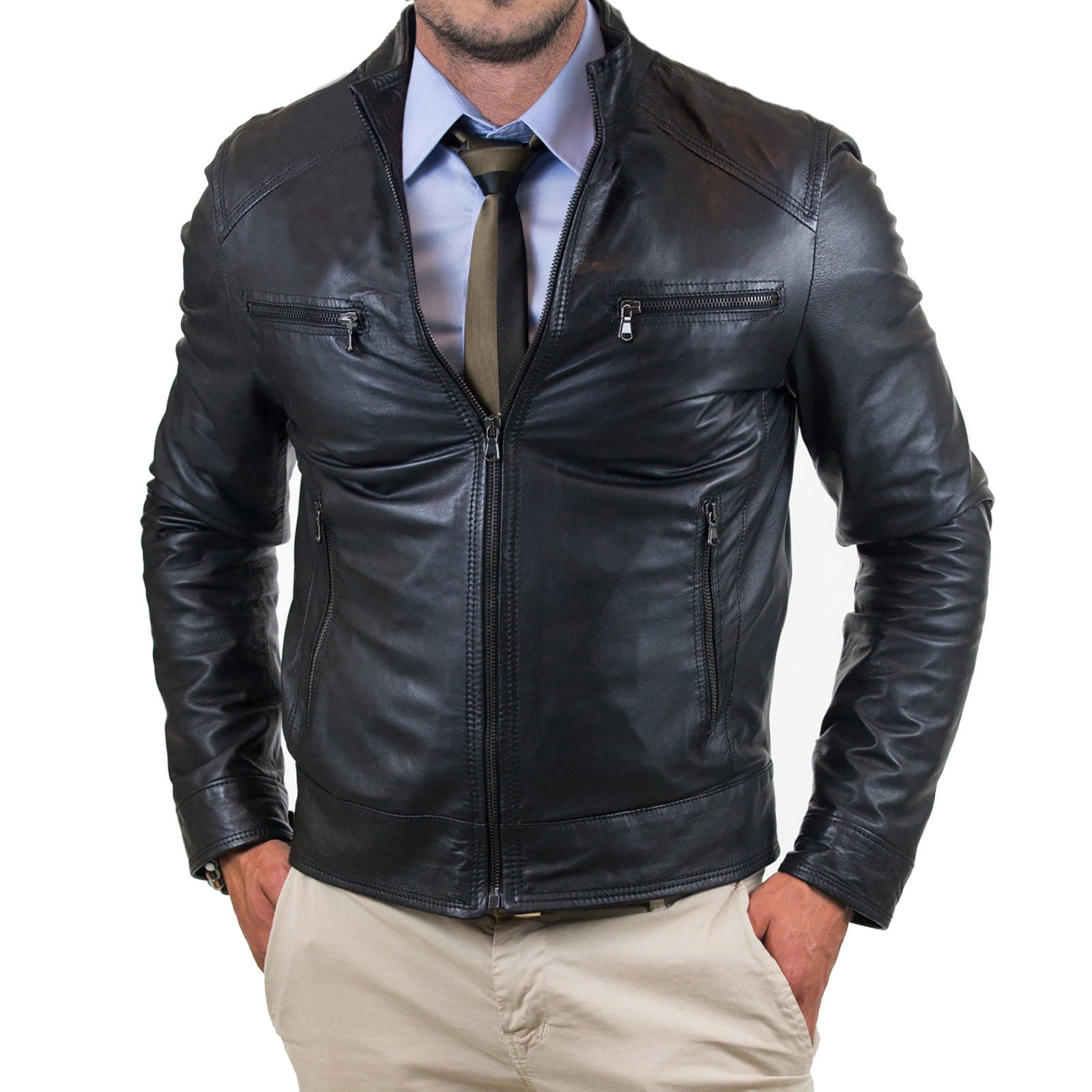 Slim Men's Genuine Leather Jacket Artisan Production Cod.256-Rindway Outlet