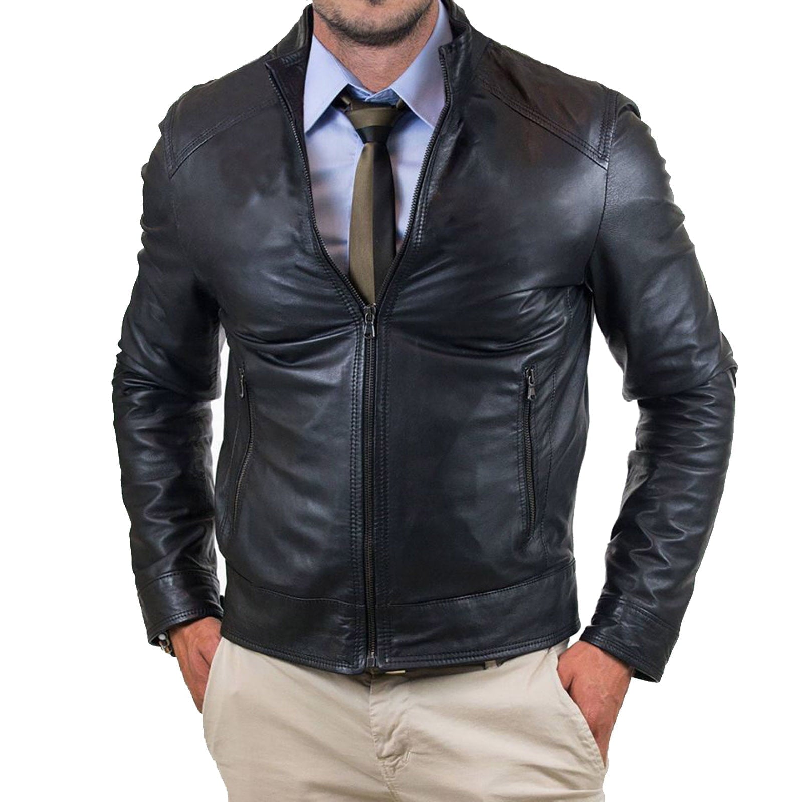 Rindway Men's Black Genuine Leather Biker Jacket Slim Zip Up to the Neck