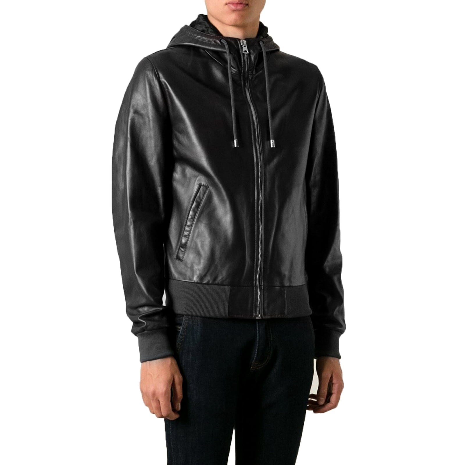 Rindway Slim Men's Black Genuine Leather Bomber Jacket with Fixed Hood