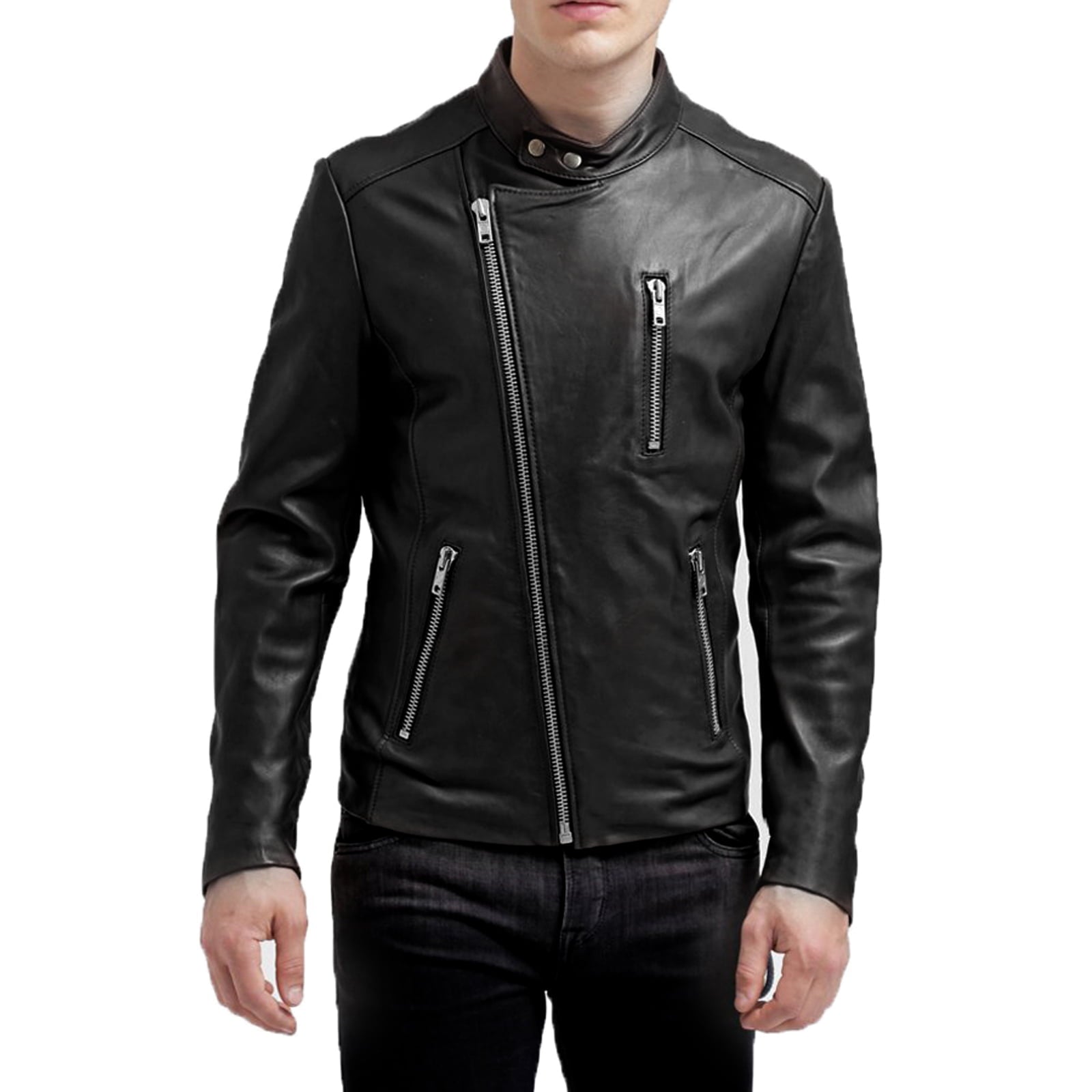 Chiodo Biker In Vera Pelle Nero Uomo Slim Collo Con bottoni Rindway