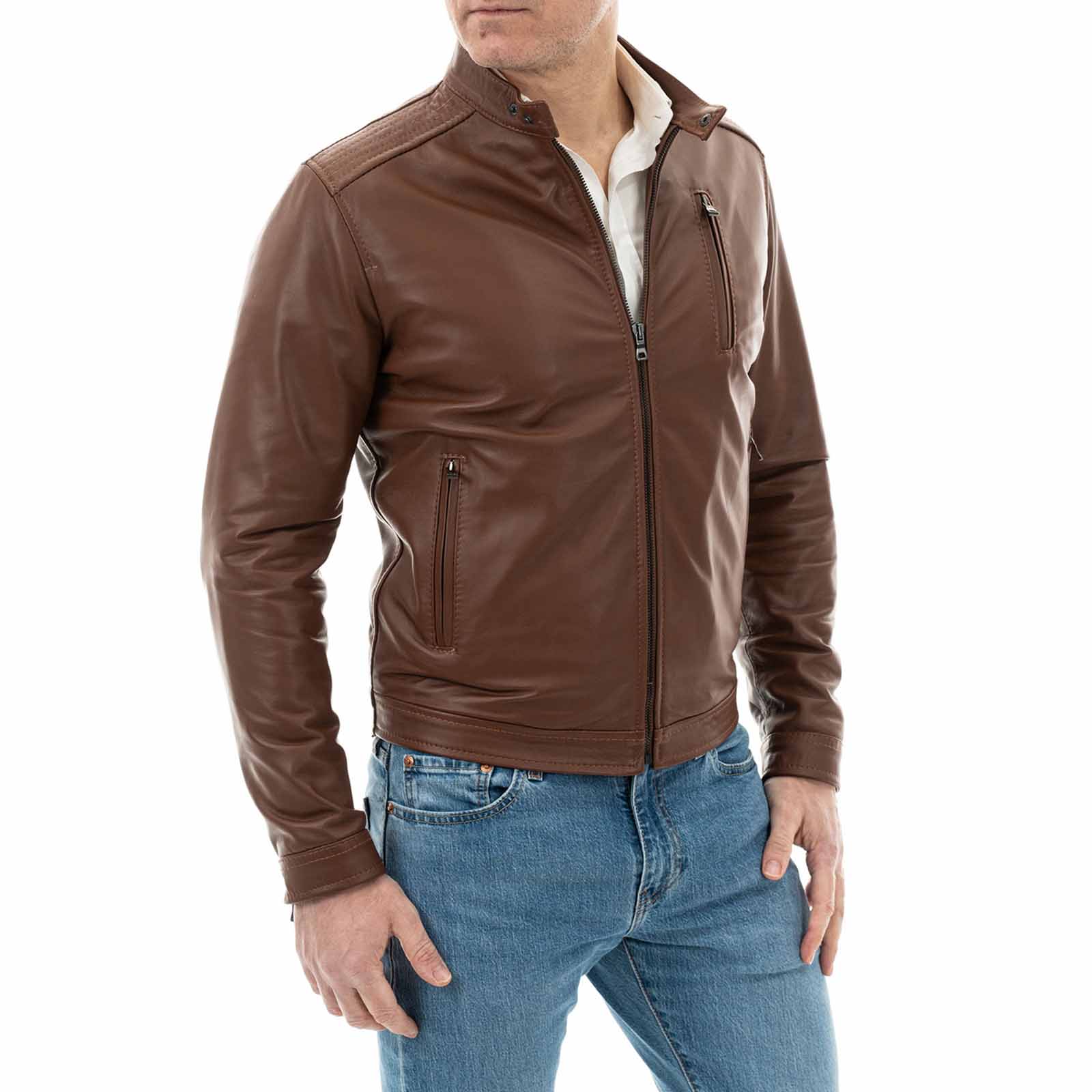 Slim Men's Genuine Leather Biker Jacket Rindway Vertical Zipper Shoulder Details