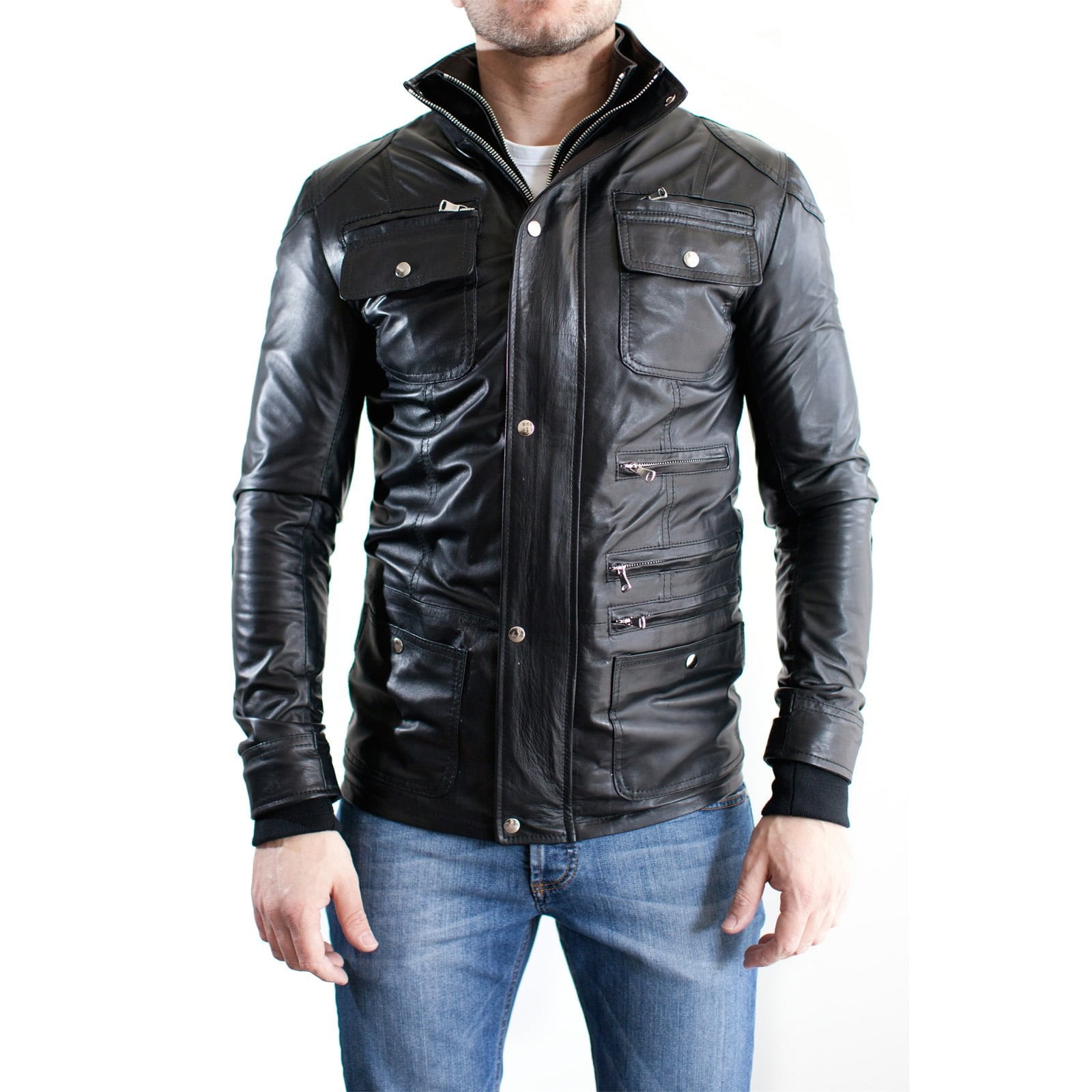 Giacca Biker In Vera Pelle Uomo Slim Multitasche Rindway