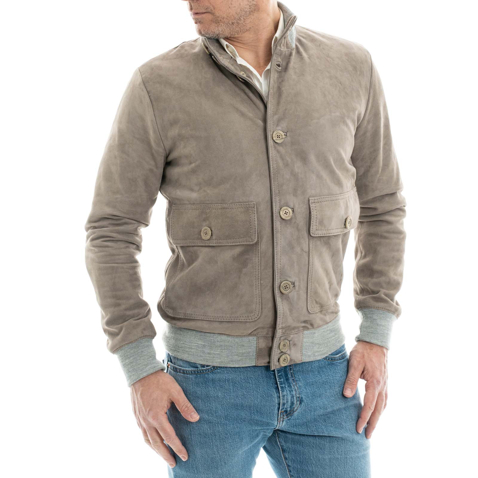 Slim Men's Taupe Genuine Suede Bomber Jacket with Rindway Big Pockets