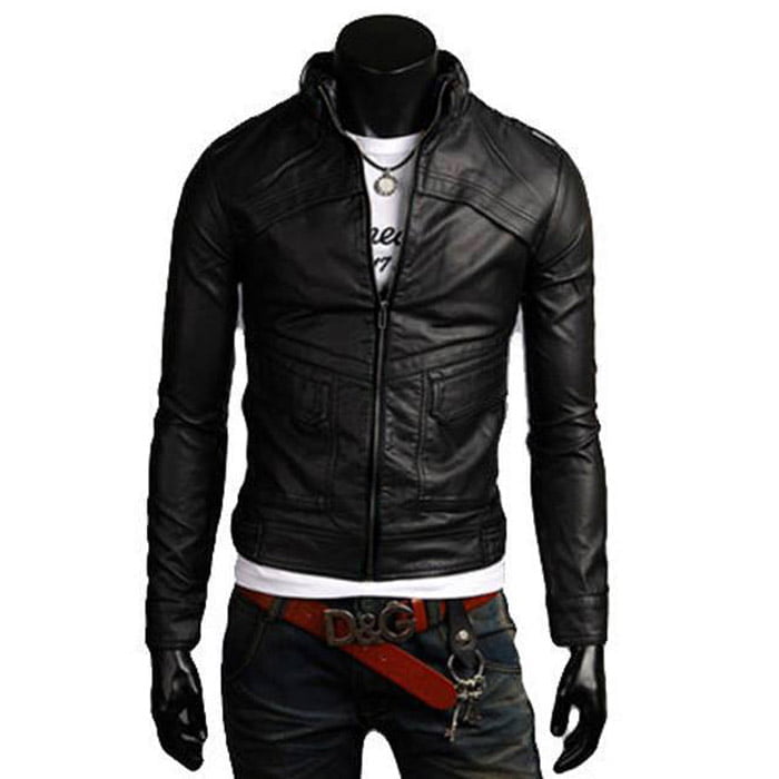 Rindway Slim Men's Black Genuine Leather Biker Jacket with Pockets and Oblique Flap