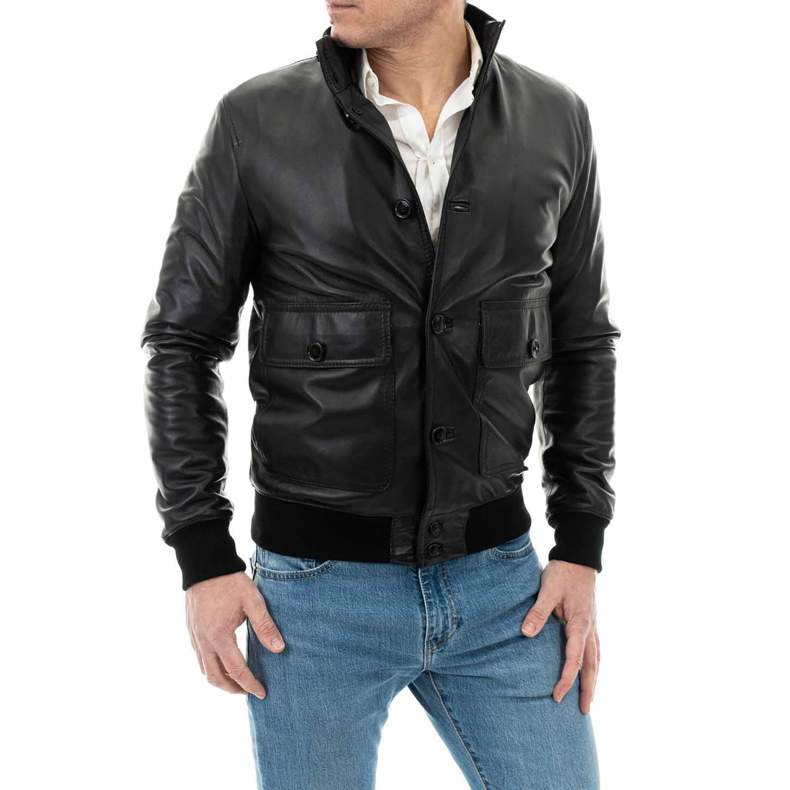 Slim Men's Bomber Jacket With Buttons In Genuine Leather Black With Big Pockets Rindway Outlet