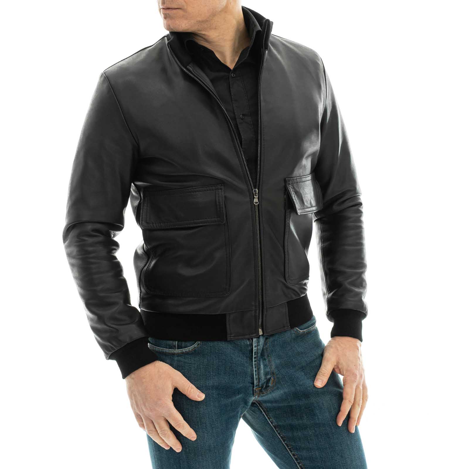 Slim Men's Black Genuine Leather Bomber Jacket With Zip With Big Pockets Rindway