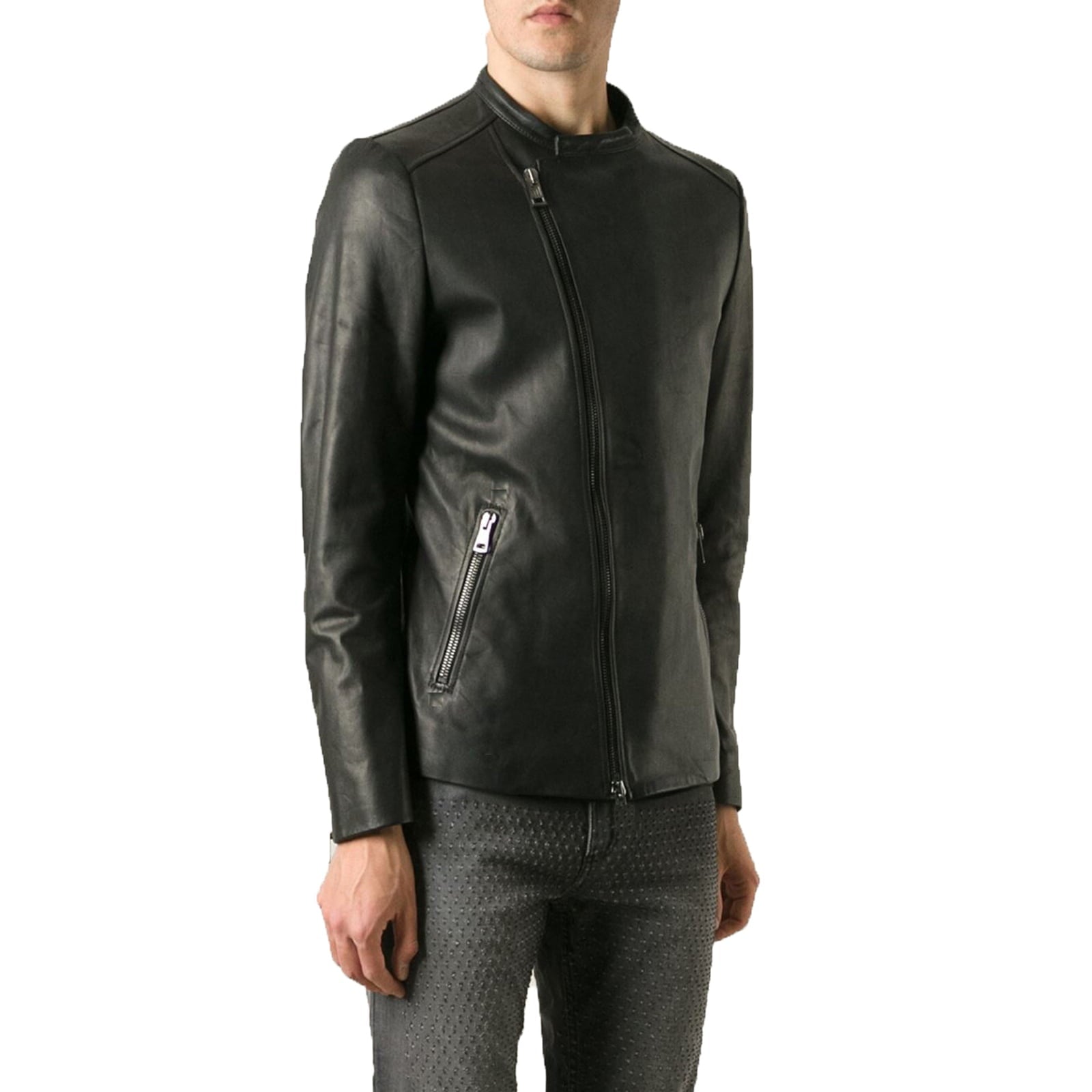 Chiodo Biker In Vera Pelle Nero Uomo Slim Collo Coreana Rindway