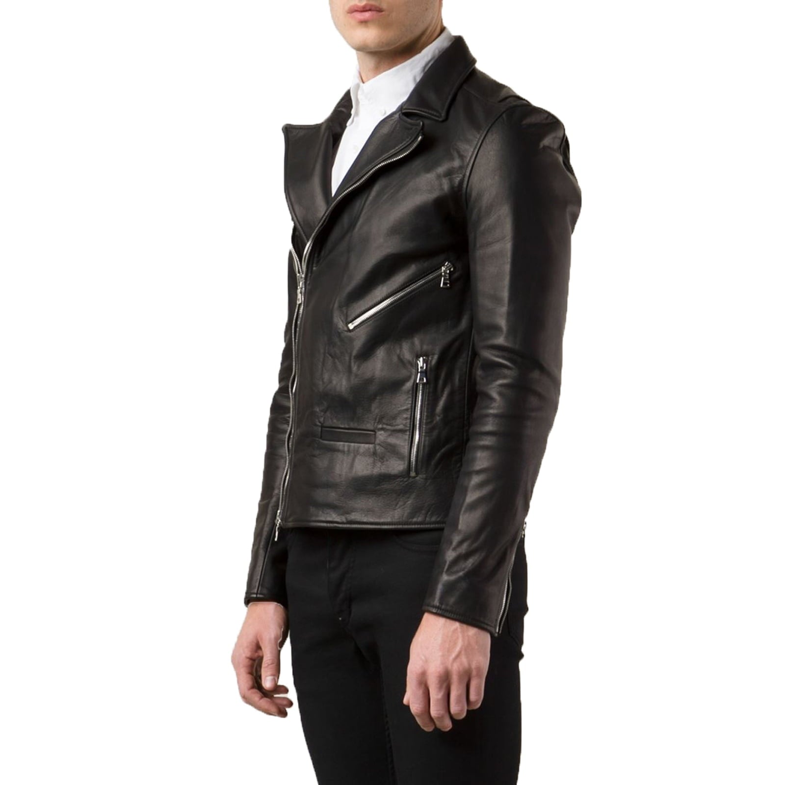 Slim Men's Black Genuine Leather Biker Jacket With Reduced Reverse Rindway