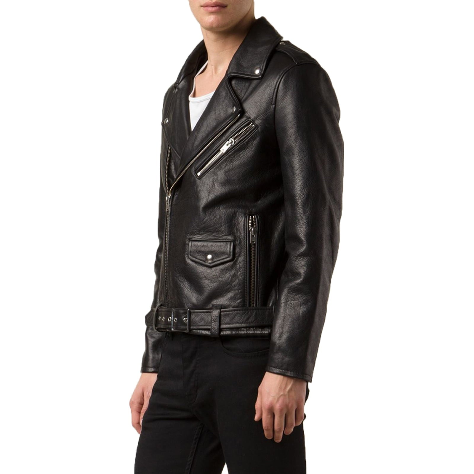 Chiodo Biker In Vera Pelle Nero Uomo Slim Con Cintura Sottile Rindway