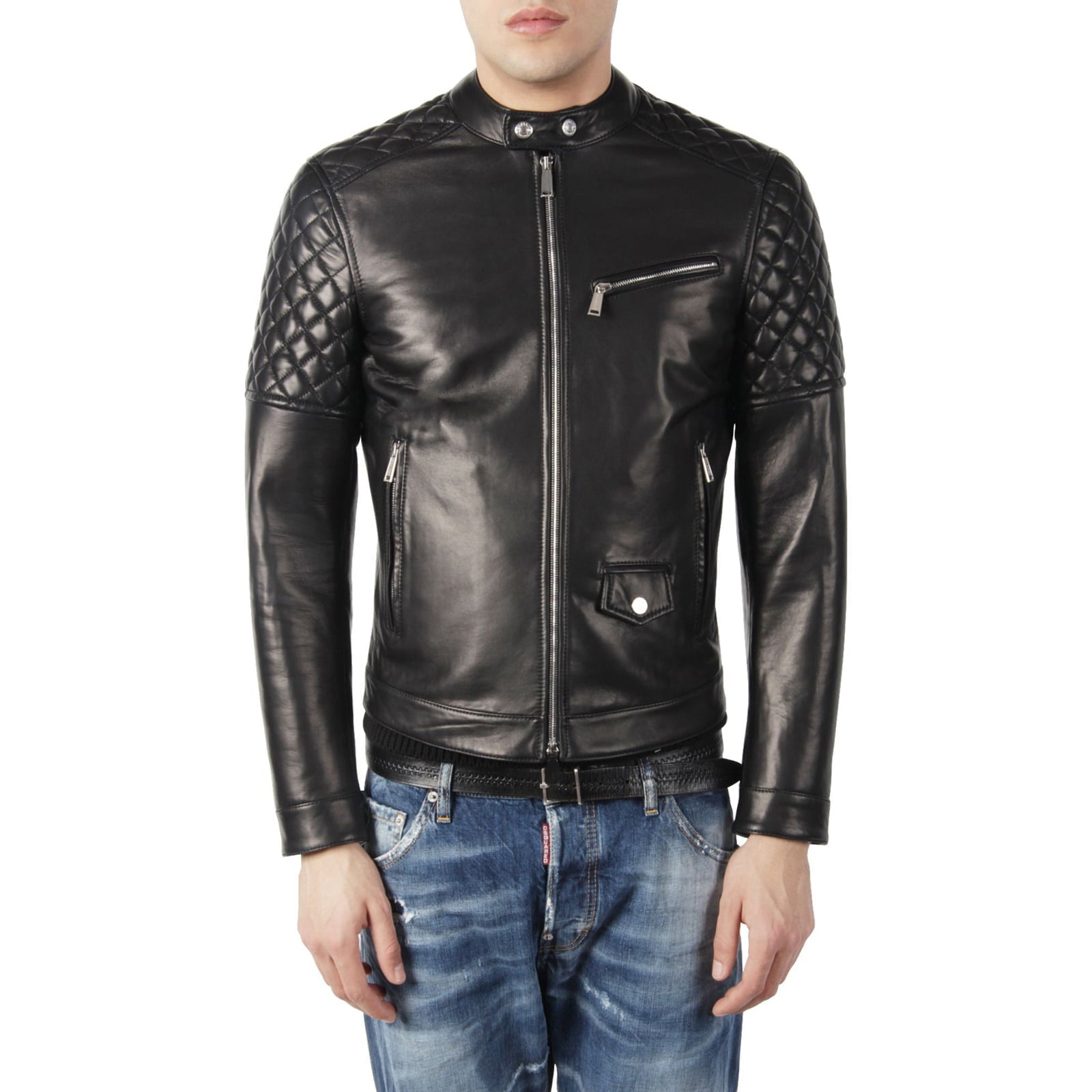 Rindway Men's Black Genuine Leather Biker Jacket with Diamonds Arms and Shoulders