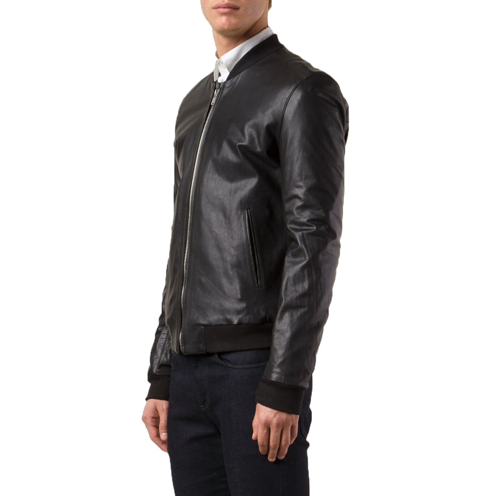 Rindway Men's Black Genuine Leather Bomber Jacket with Low College Collar