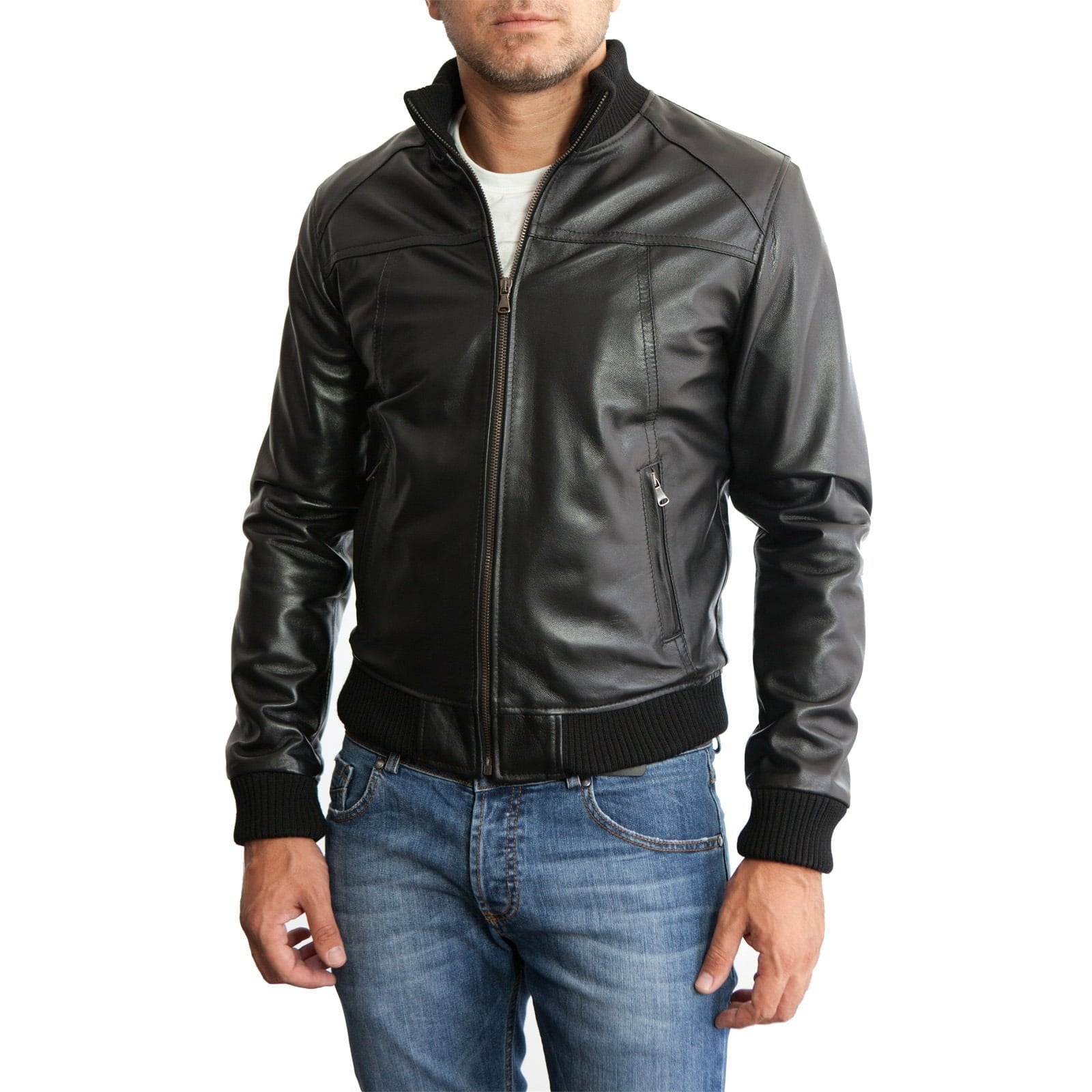 Slim Men's Brown Genuine Leather Bomber Jacket with Rindway Front Cuts