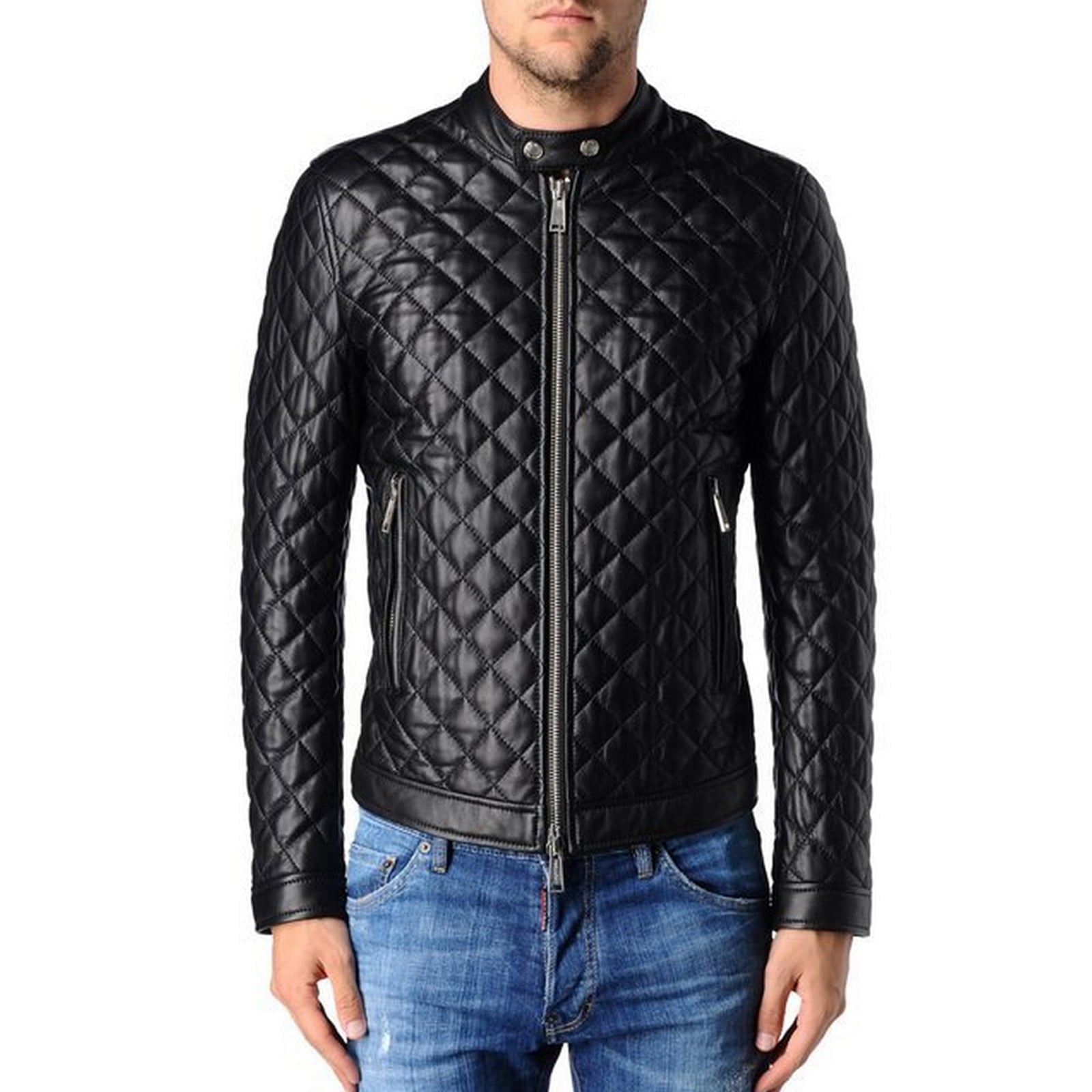 Giacca Biker In Vera Pelle Nera Uomo Trapuntata Rombi Rindway