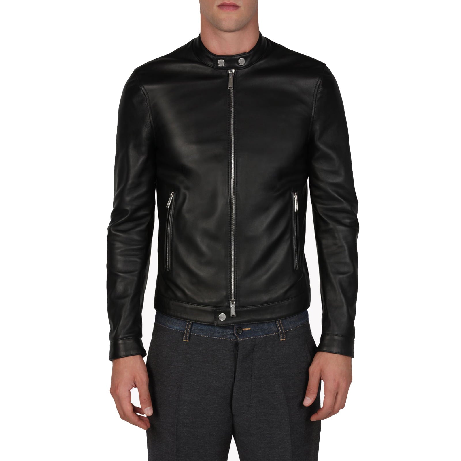 Men's Black Genuine Leather Biker Jacket Rindway Collar Buttons