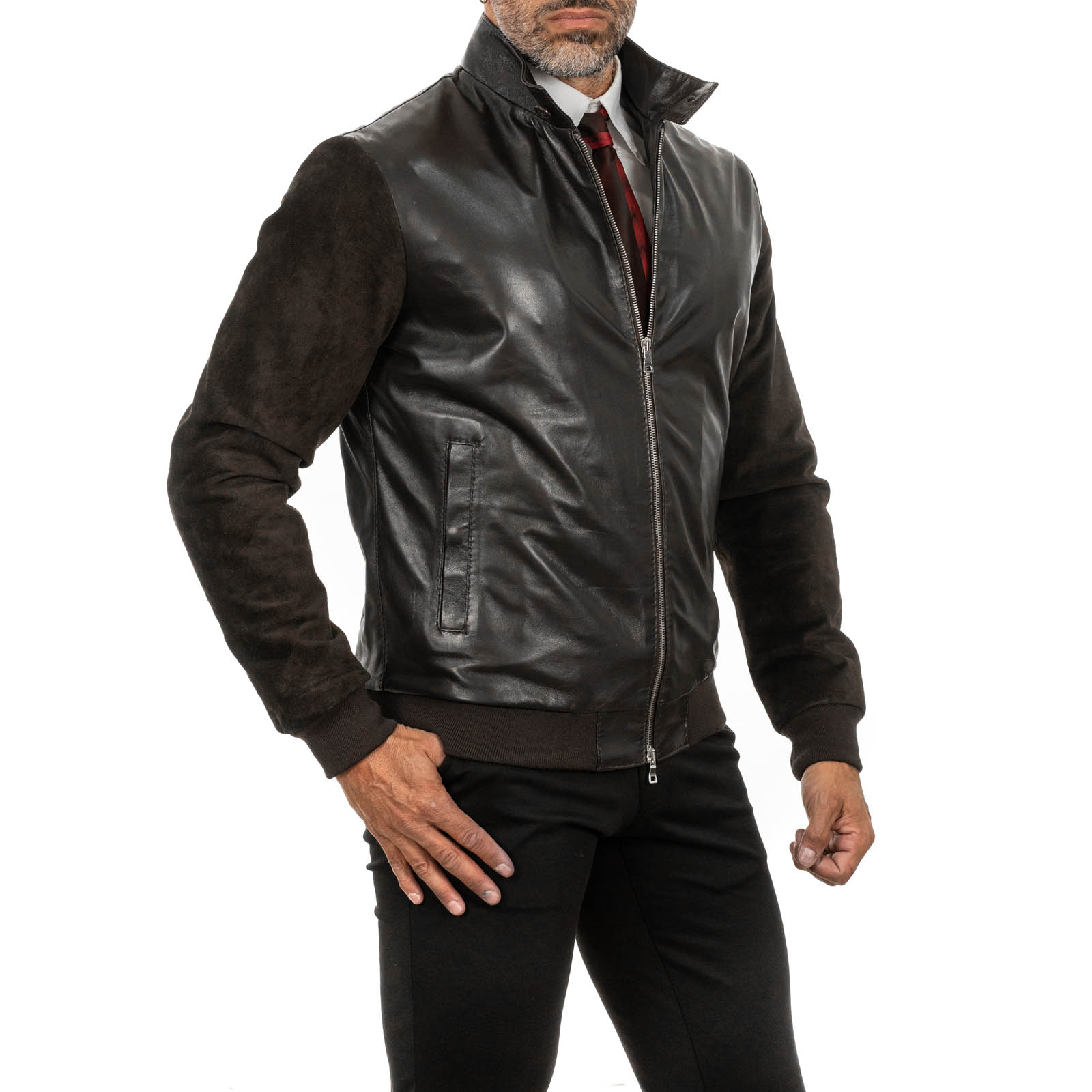 Rindway Men's Genuine Leather Bomber Jacket Slim Suede Arms