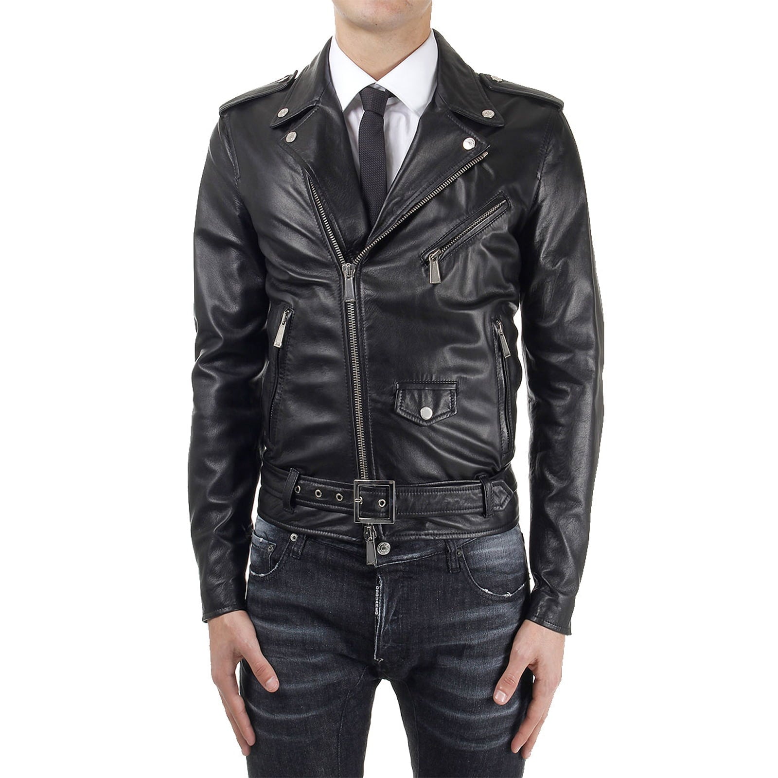 Chiodo Biker In Vera Pelle Nero Uomo Slim Con Fibbia Quadrata Rindway