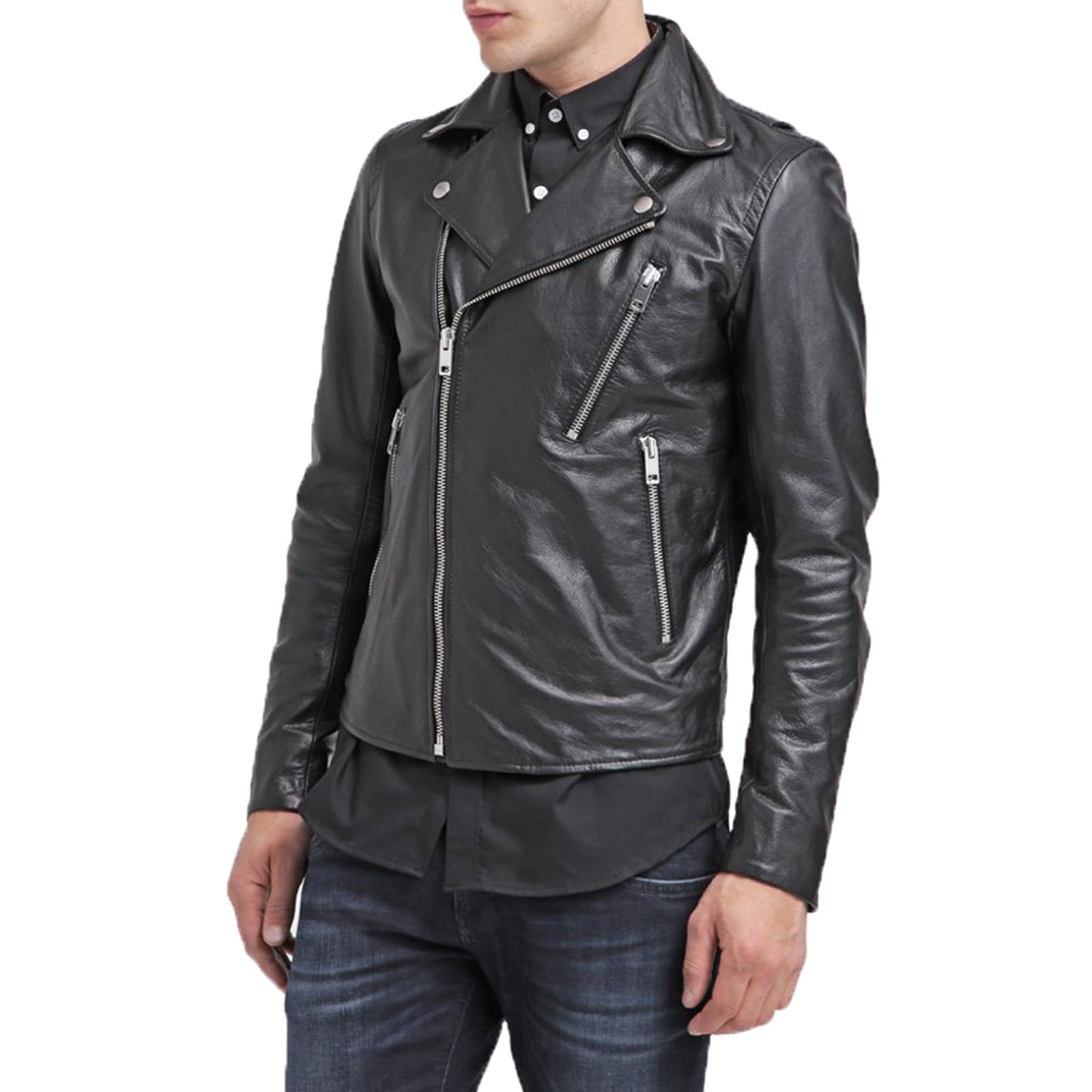 Chiodo Biker In Vera Pelle Nero Uomo Slim Con Reverse Ridotto e Ciappe Rindway