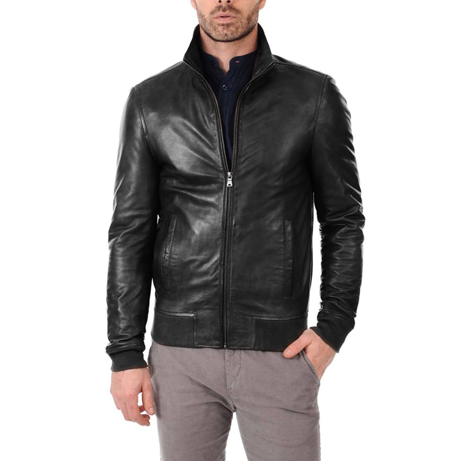 Rindway Men's Brown Genuine Leather Bomber Jacket with Open Pockets