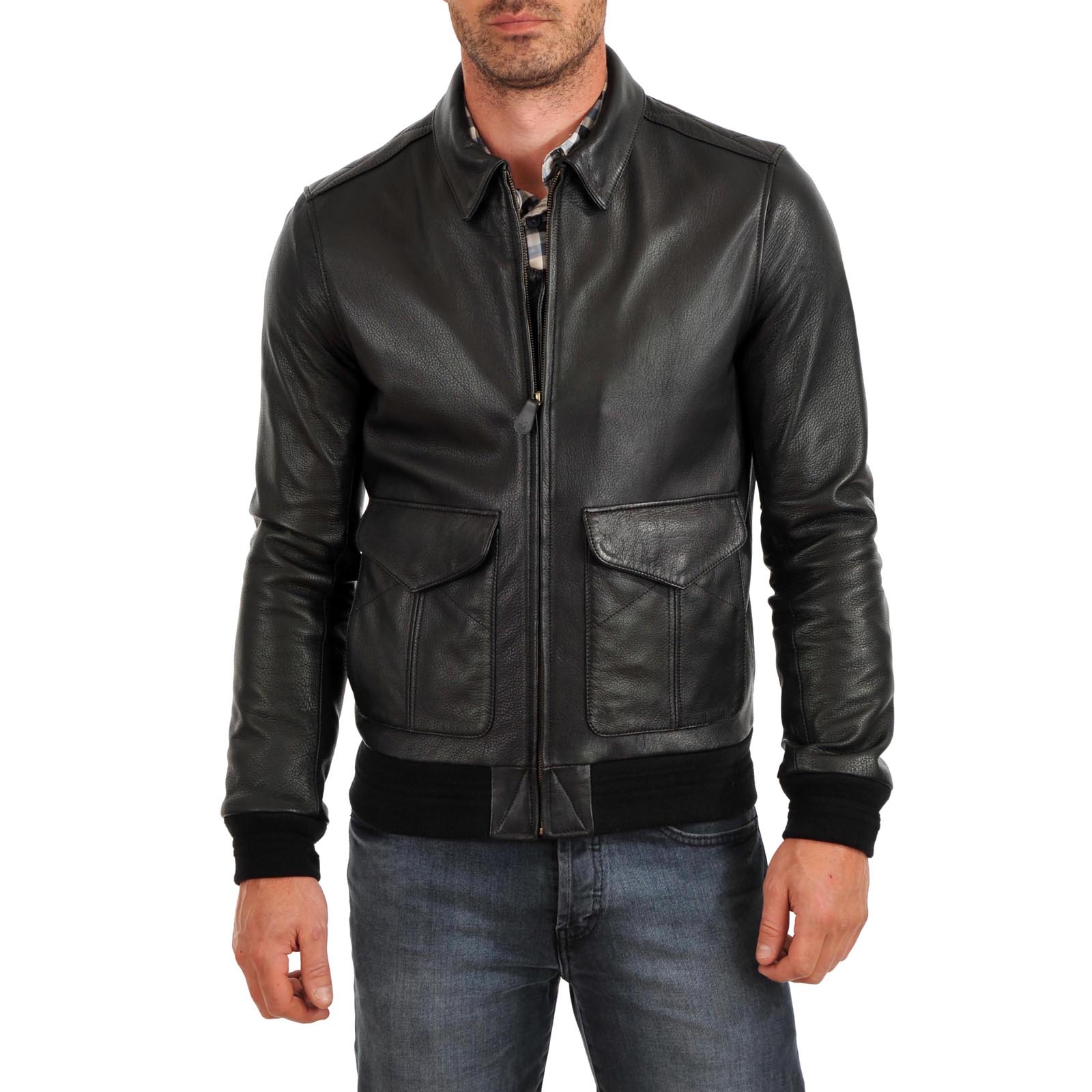 Men's Black Genuine Leather Bomber Jacket with Rindway Stitching