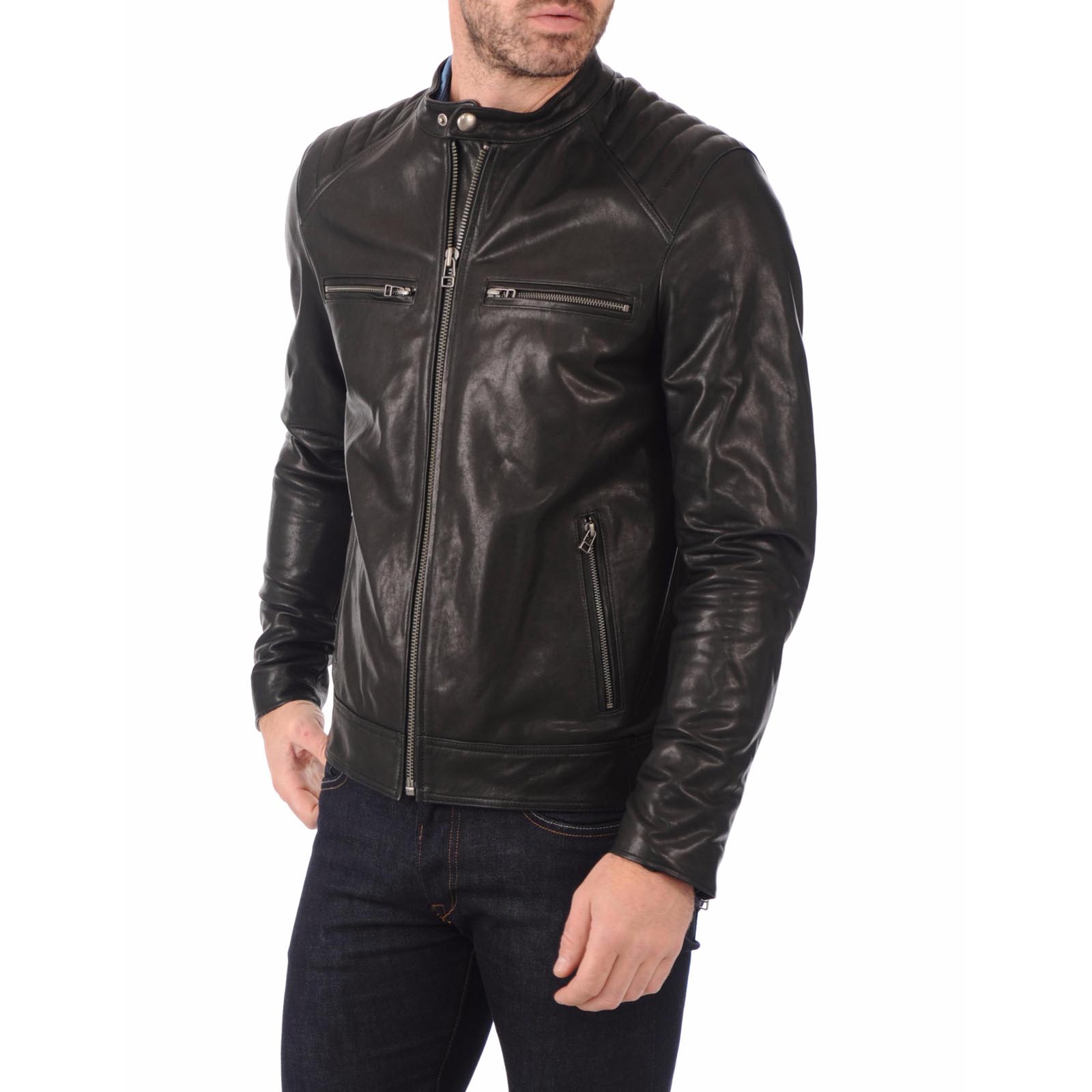 Men's Black Genuine Leather Biker Jacket Lines Shoulders Silver Details Rindway