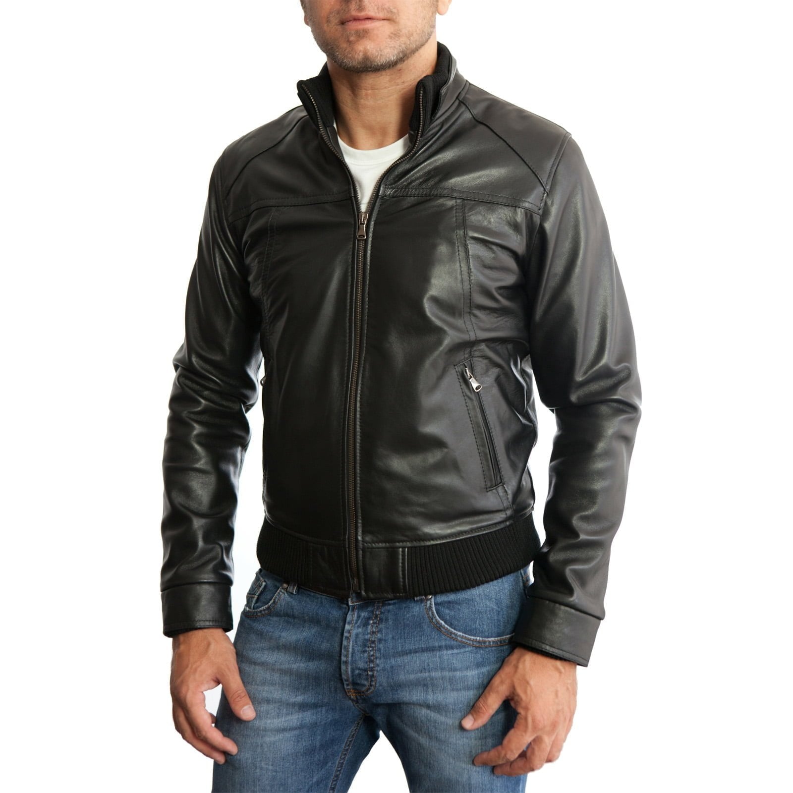 Rindway Men's Brown Genuine Leather Bomber Jacket with Jersey and Leather Collar